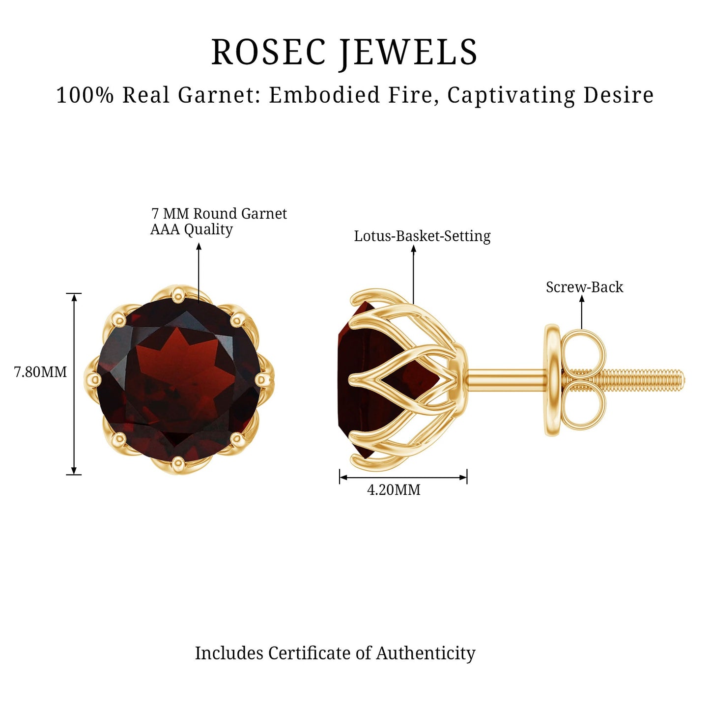 Genuine 3.4 Carat Round Cut Garnet Solitaire Stud Earrings