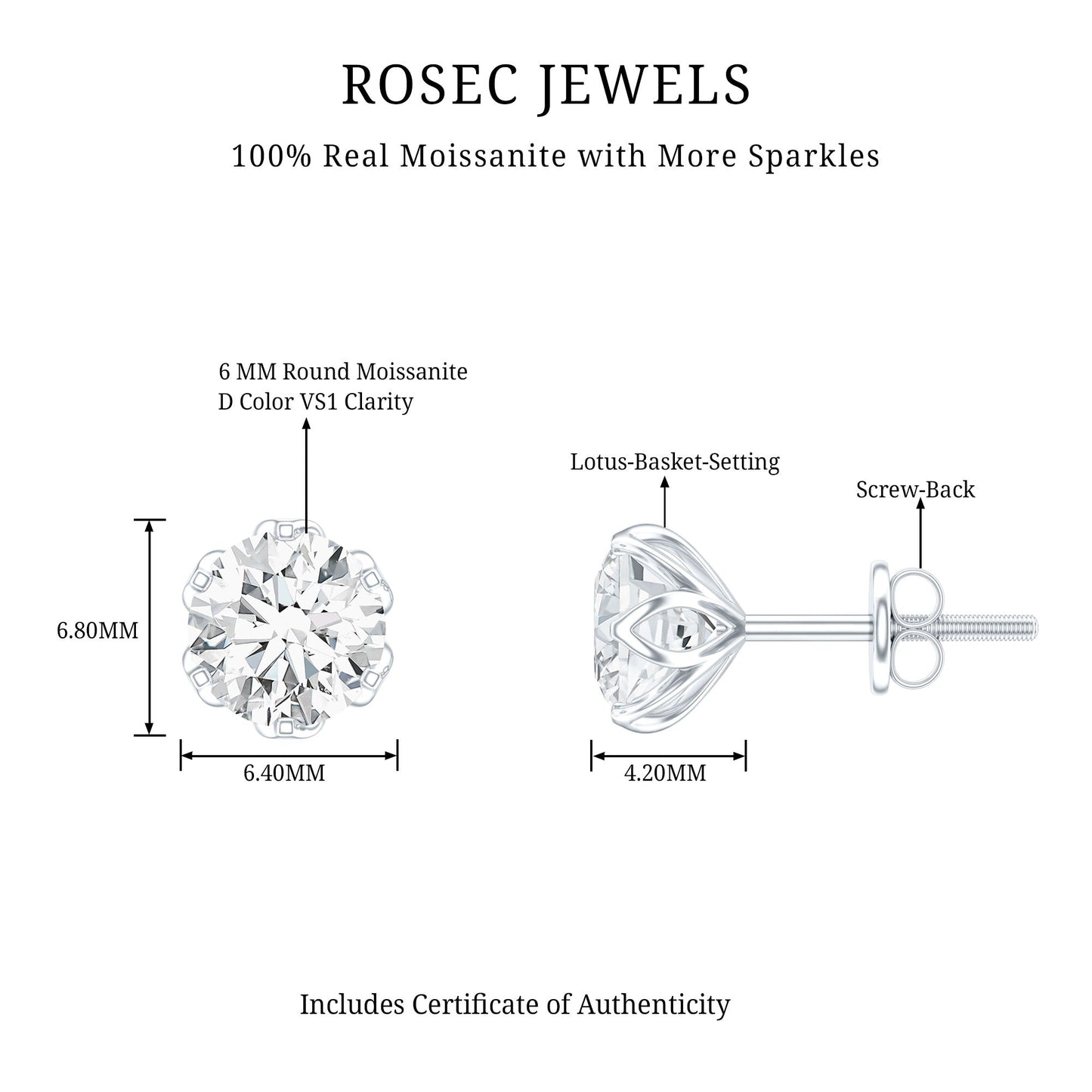 Moissanite Solitaire Stud Earrings in Lotus Basket Setting