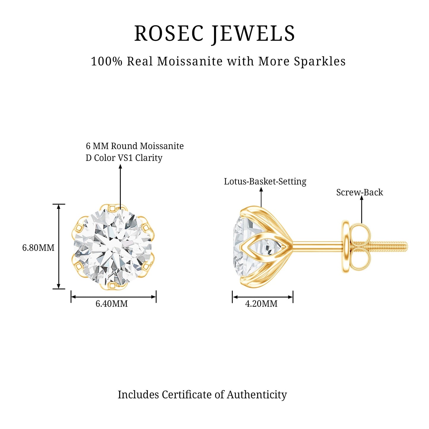 Moissanite Solitaire Stud Earrings in Lotus Basket Setting