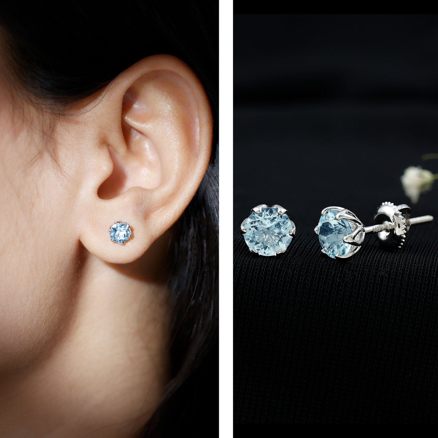 Lotus Basket Set Aquamarine Stud Earrings for Her