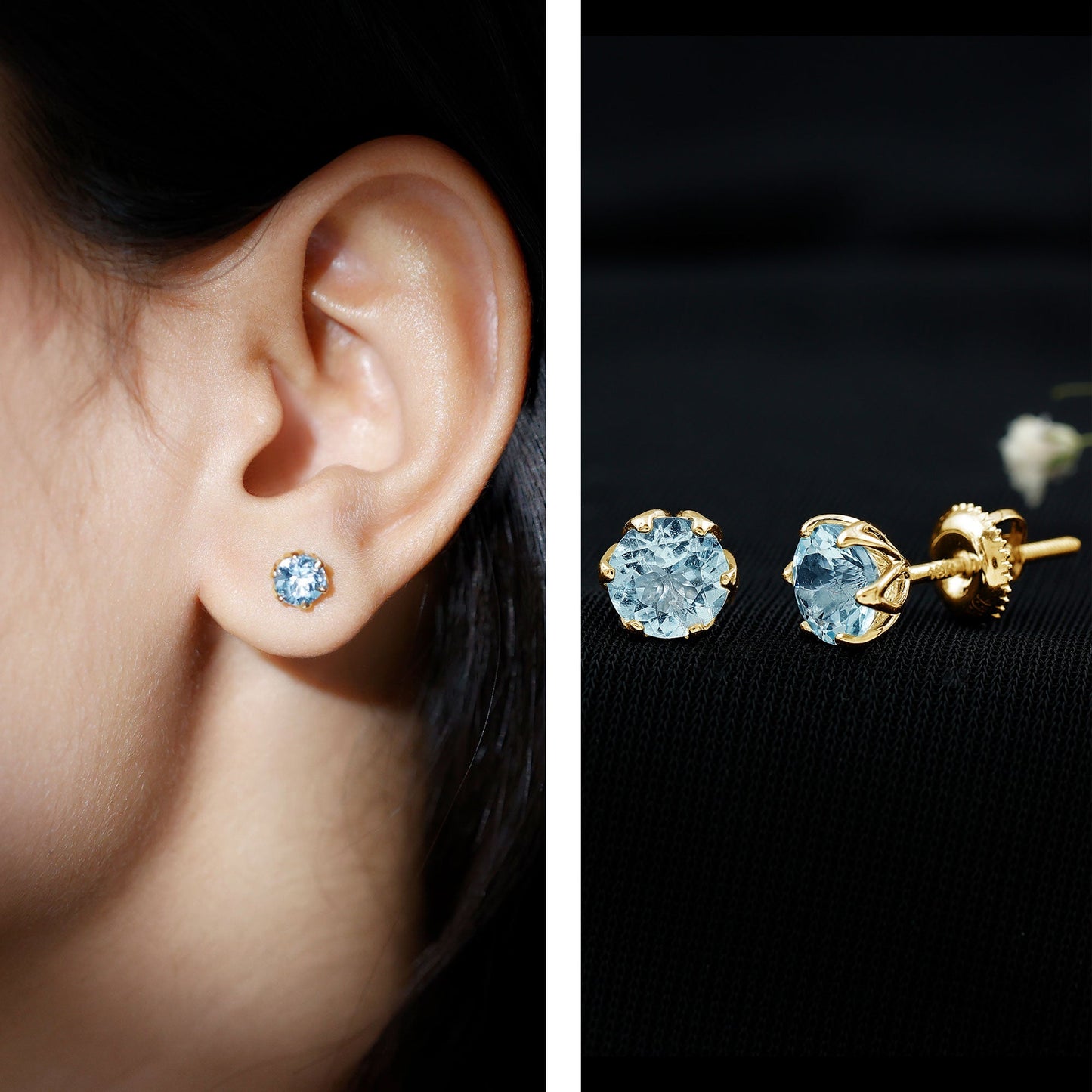 Lotus Basket Set Aquamarine Stud Earrings for Her