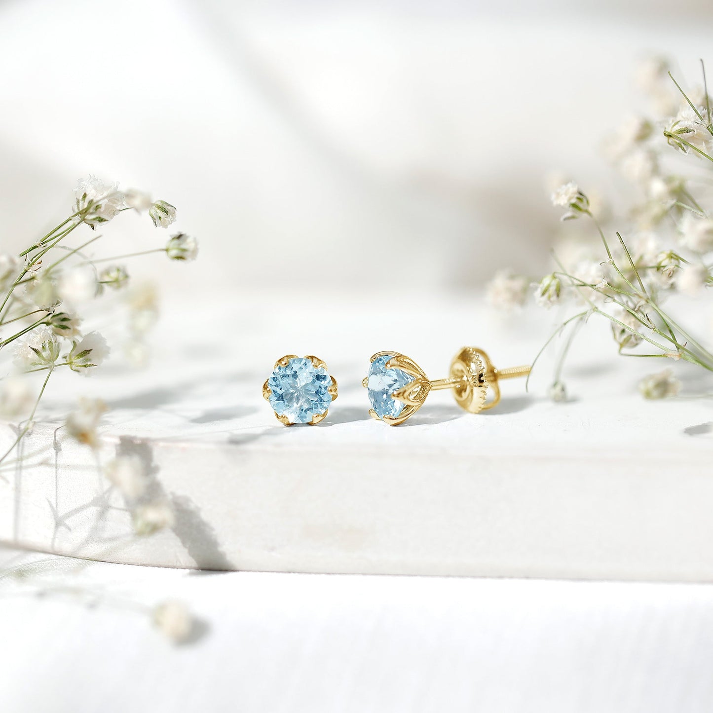 Lotus Basket Set Aquamarine Stud Earrings for Her