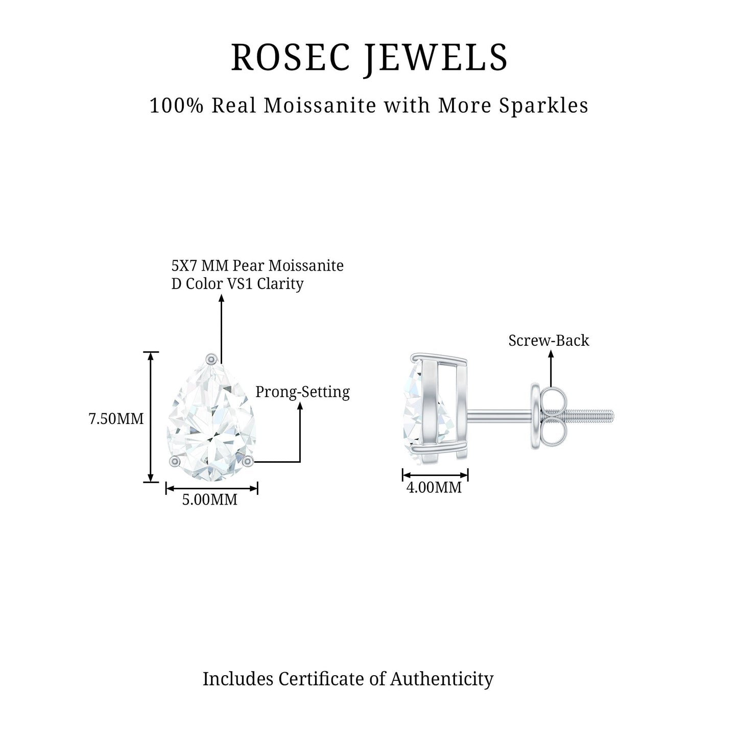 1.5 Carat Pear Cut Moissanite Teardrop Stud Earrings