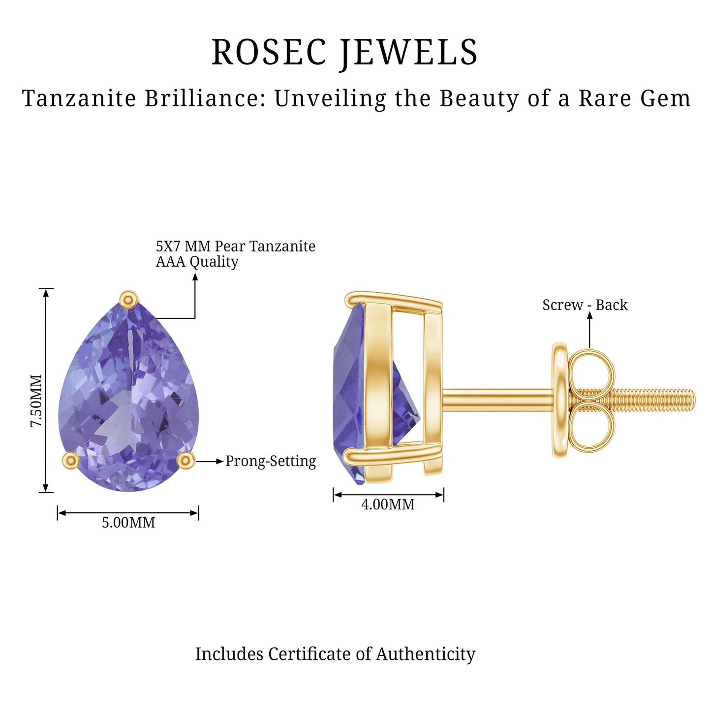 Natural 1.6 Carat Pear Shape Tanzanite Studs