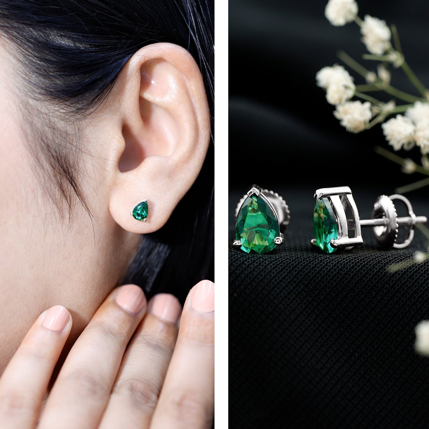 Pear Cut 1.4 Carat Lab Grown Emerald Teardrop Earrings in 3 Prong Setting