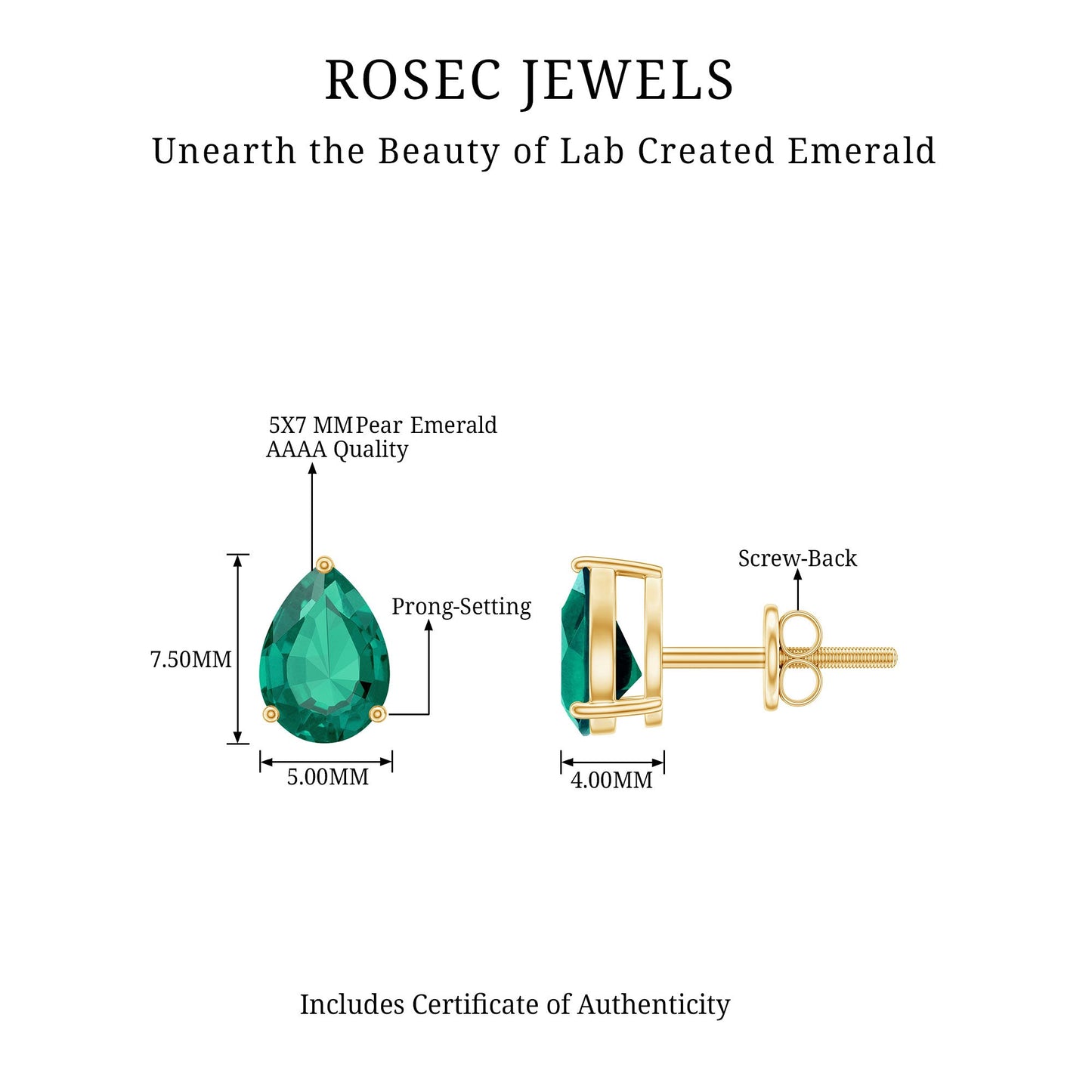 Pear Cut 1.4 Carat Lab Grown Emerald Teardrop Earrings in 3 Prong Setting