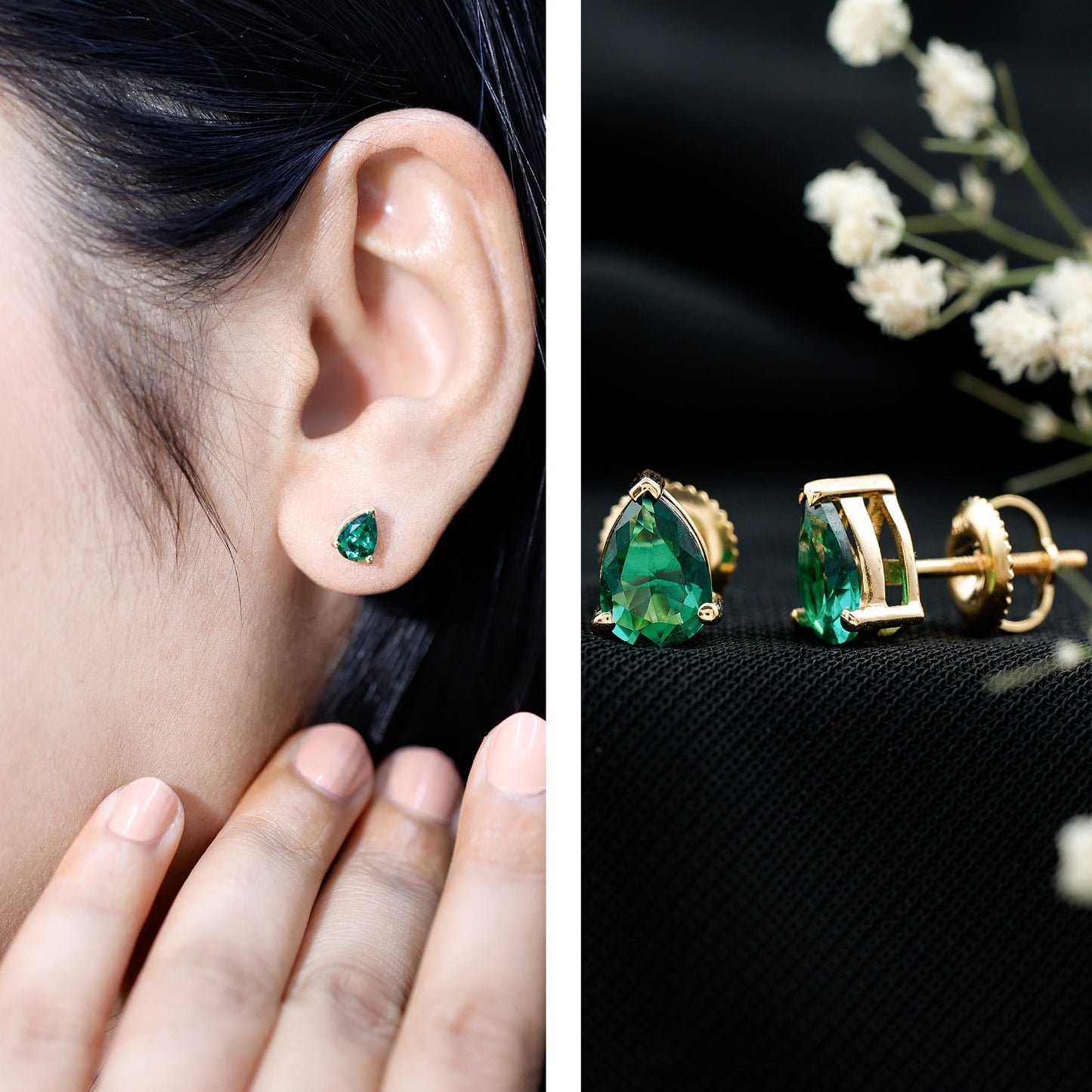 Pear Cut 1.4 Carat Lab Grown Emerald Teardrop Earrings in 3 Prong Setting