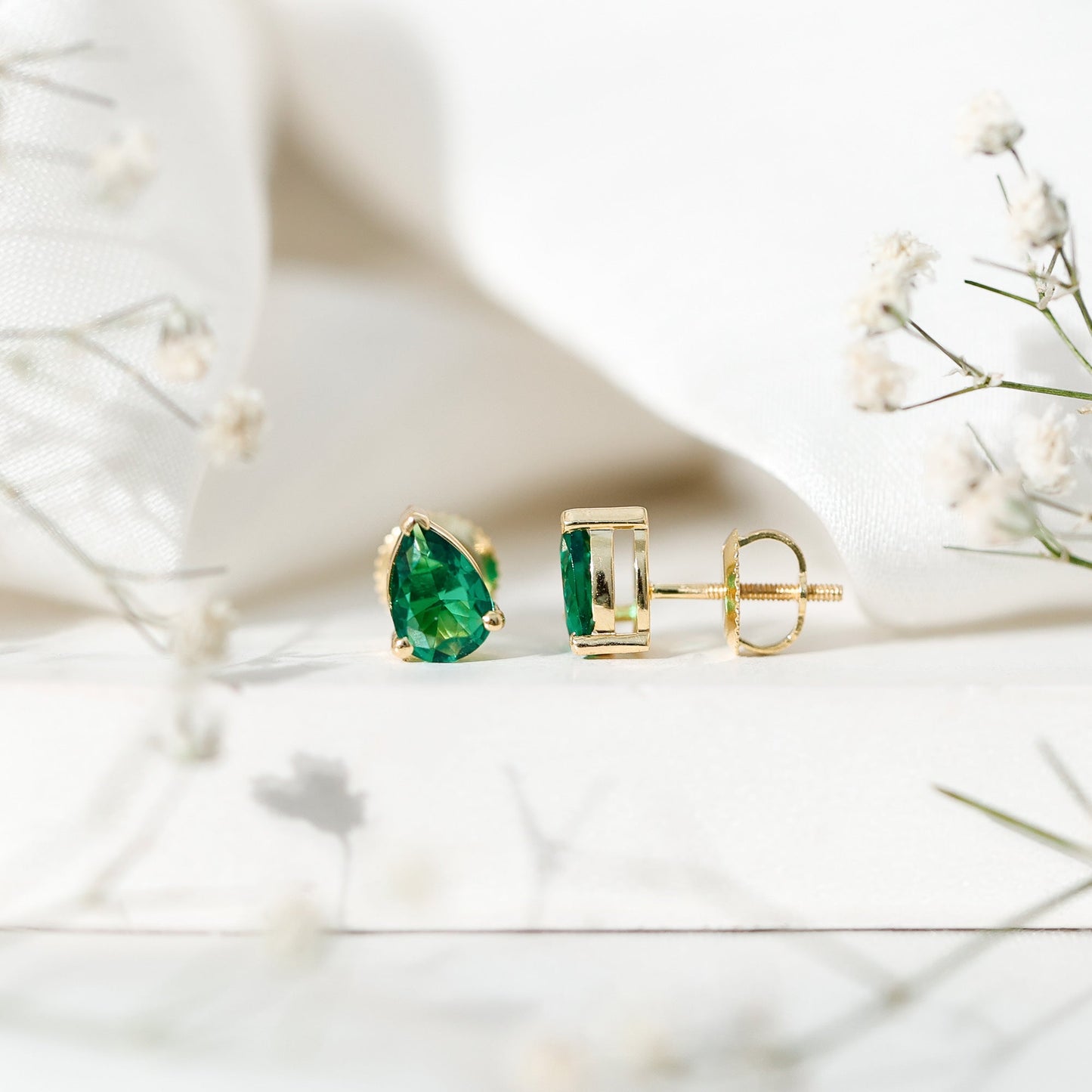 Pear Cut 1.4 Carat Lab Grown Emerald Teardrop Earrings in 3 Prong Setting