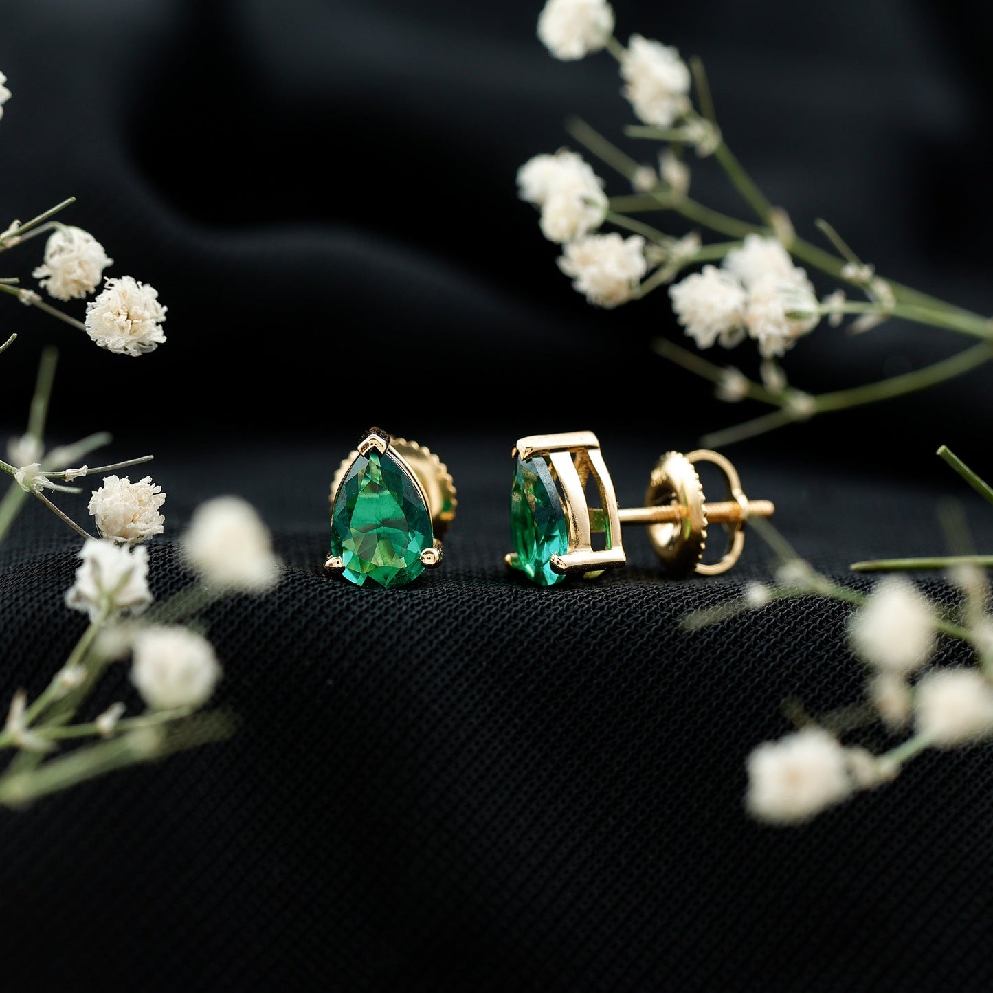 Pear Cut 1.4 Carat Lab Grown Emerald Teardrop Earrings in 3 Prong Setting
