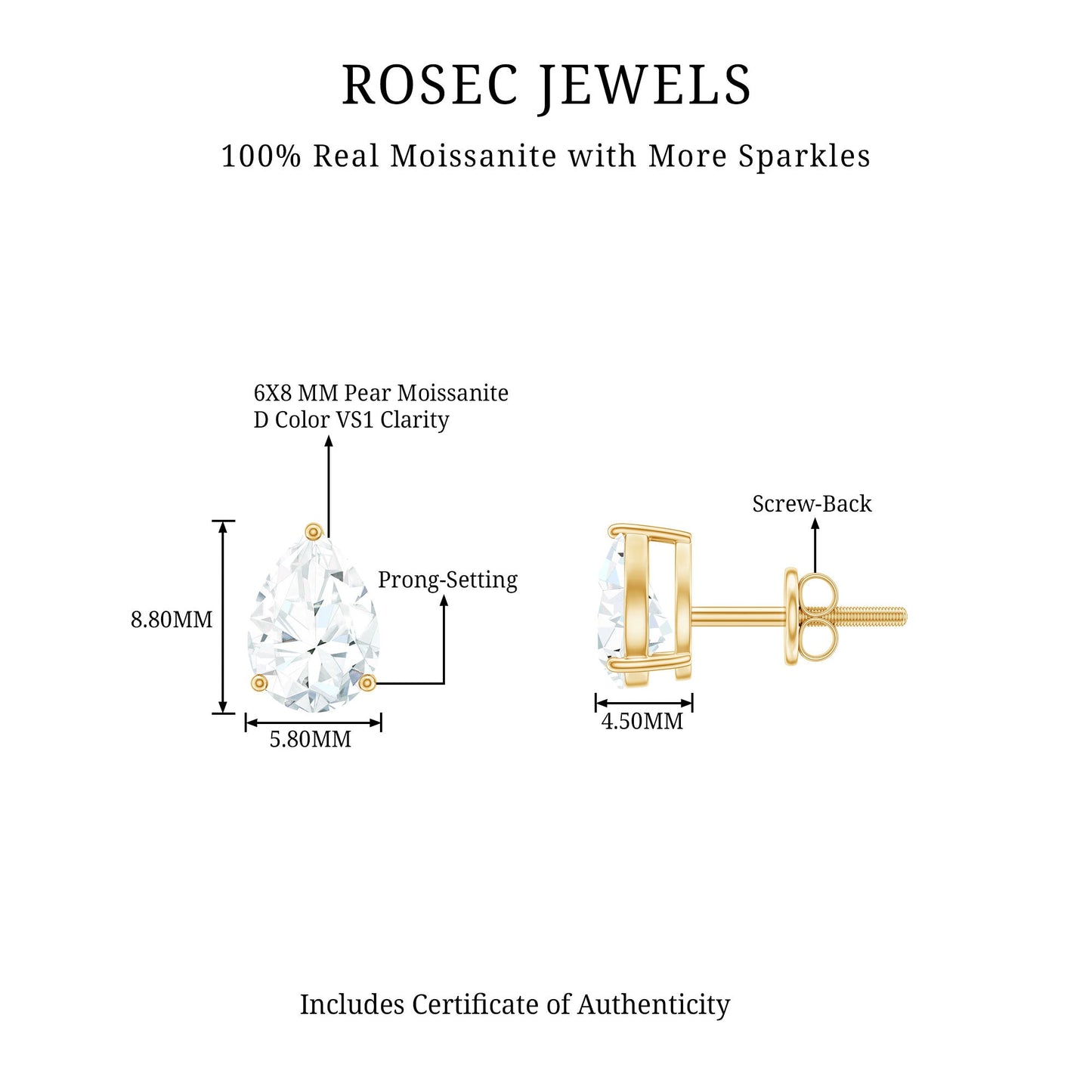 Solitaire Pear Cut Moissanite Stud Earrings