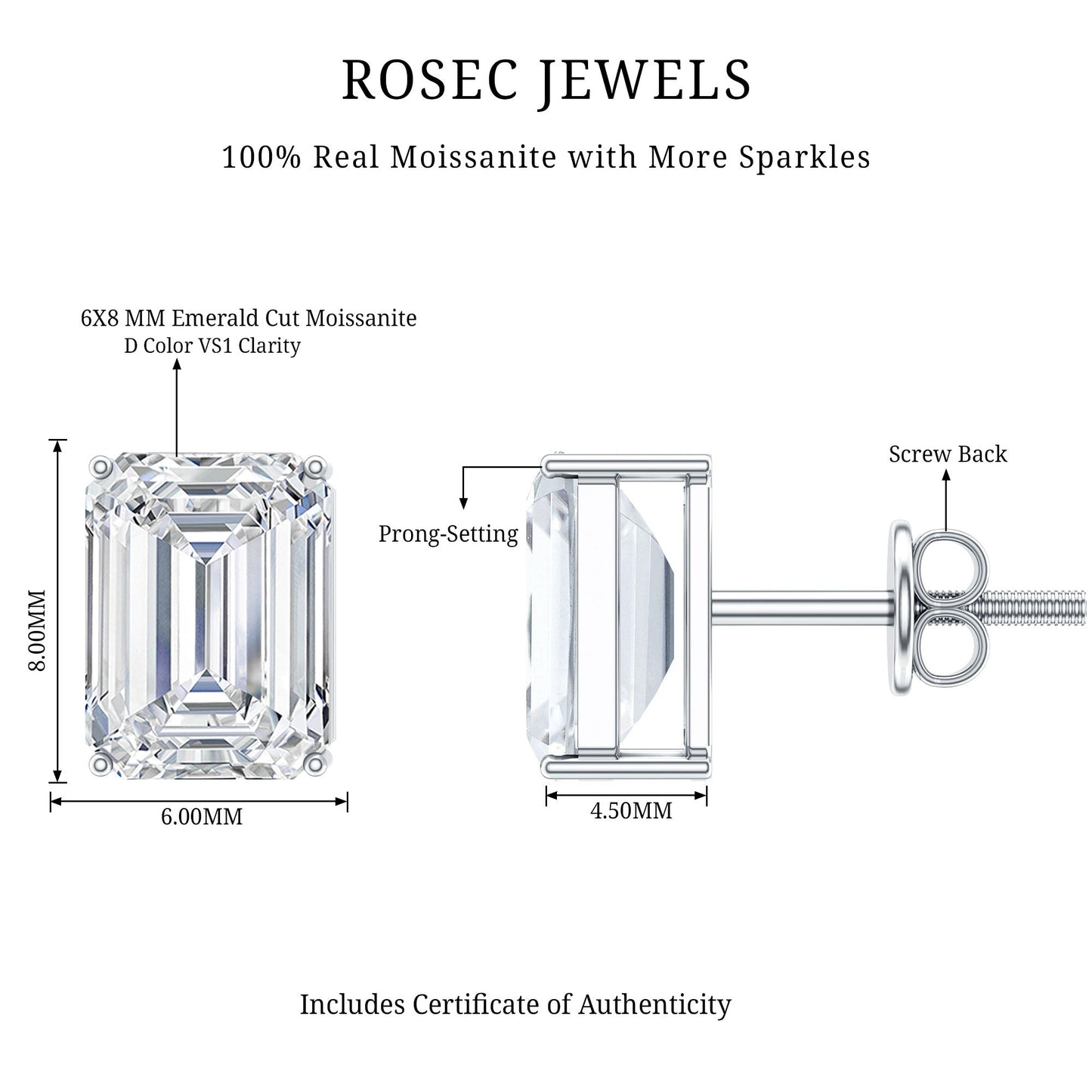 Certified Moissanite Emerald Cut Stud Earrings For Women