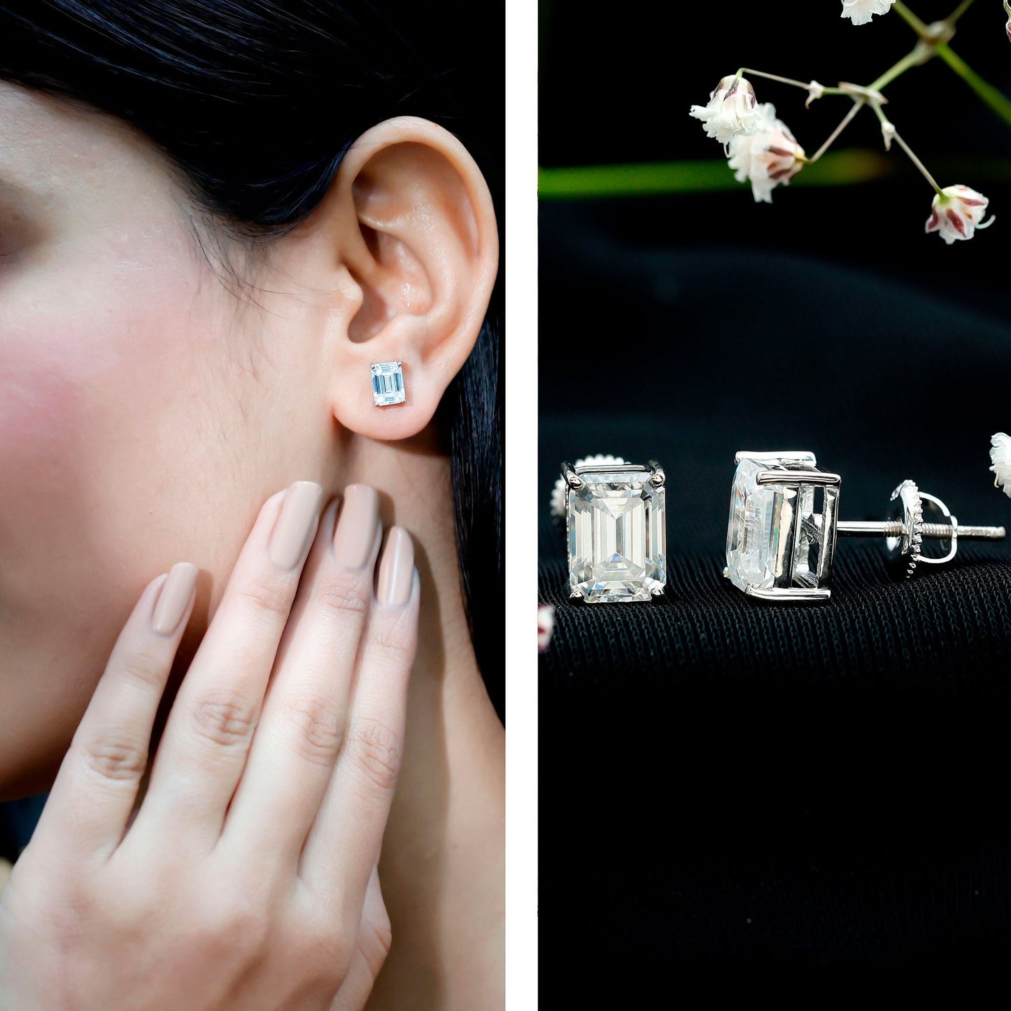 Certified Moissanite Emerald Cut Stud Earrings For Women