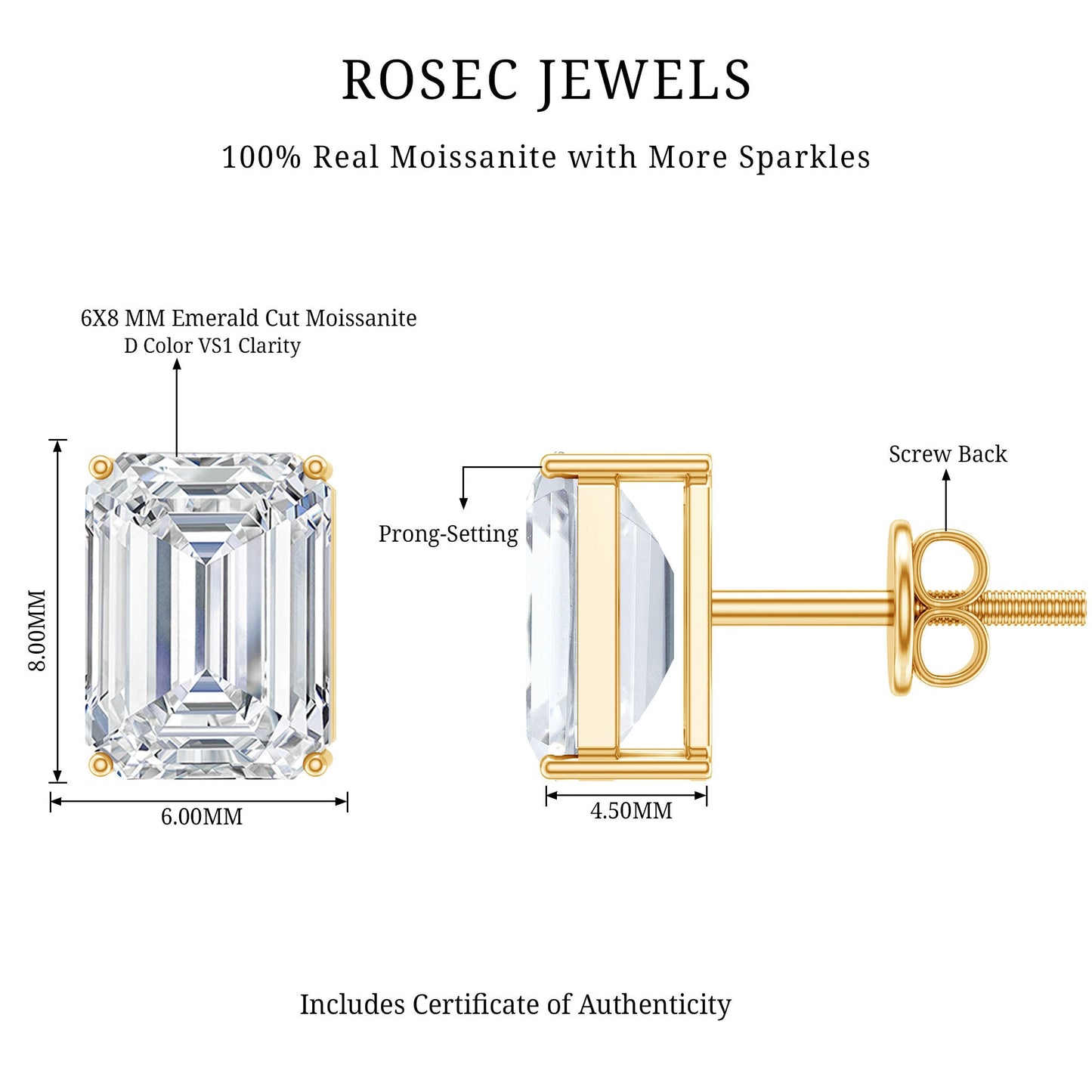 Certified Moissanite Emerald Cut Stud Earrings For Women