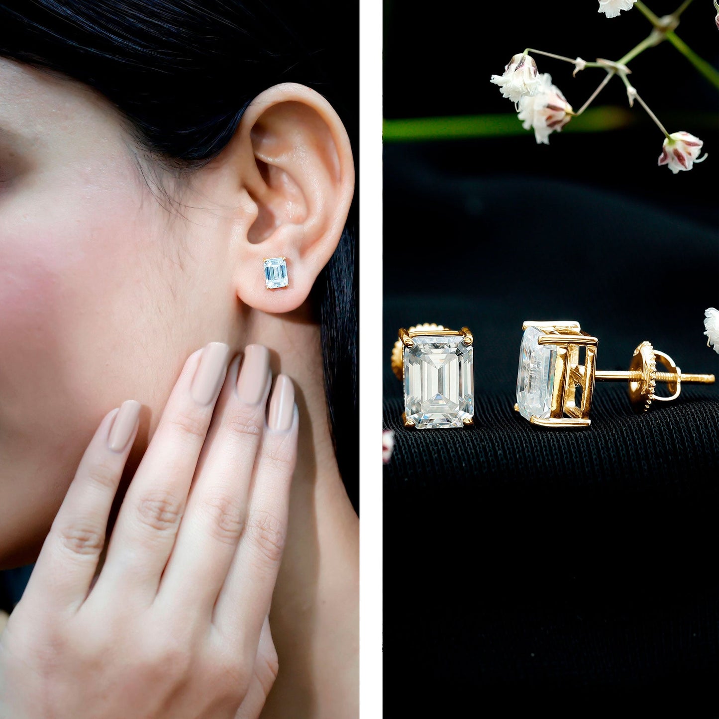Certified Moissanite Emerald Cut Stud Earrings For Women