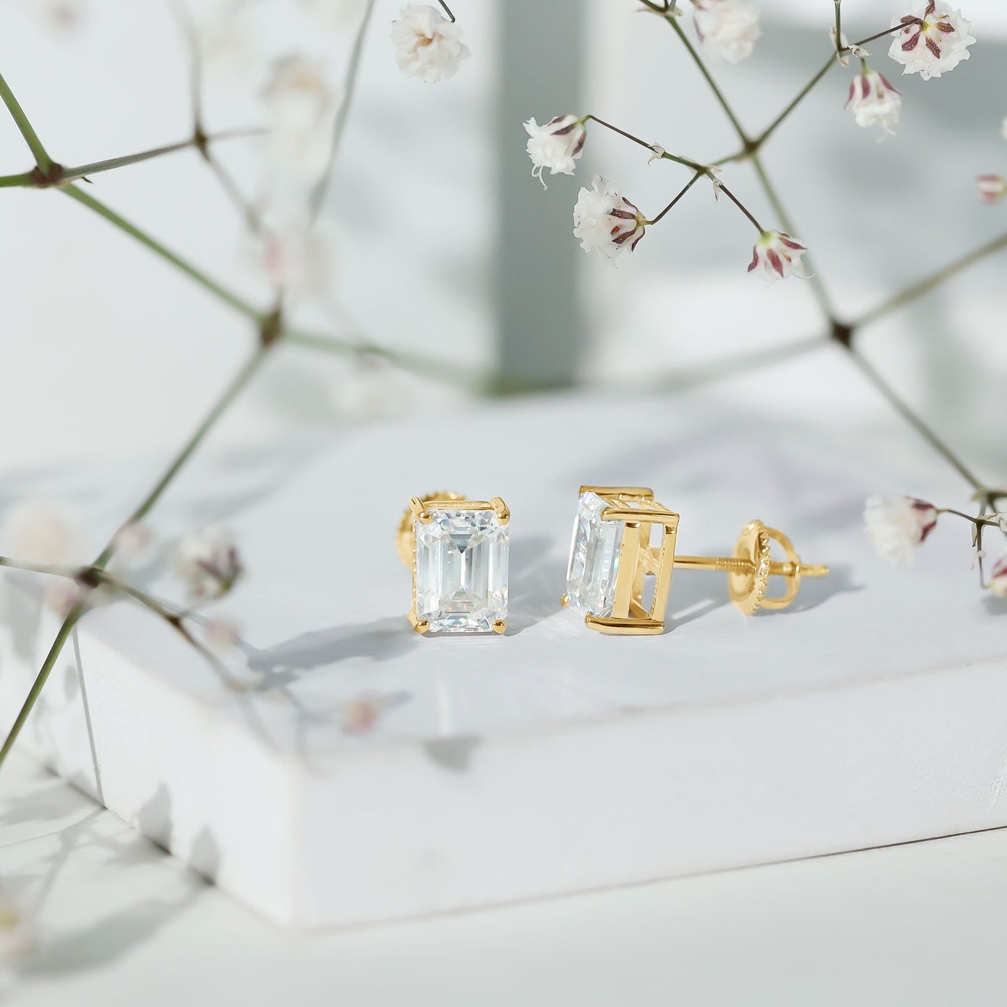 Certified Moissanite Emerald Cut Stud Earrings For Women