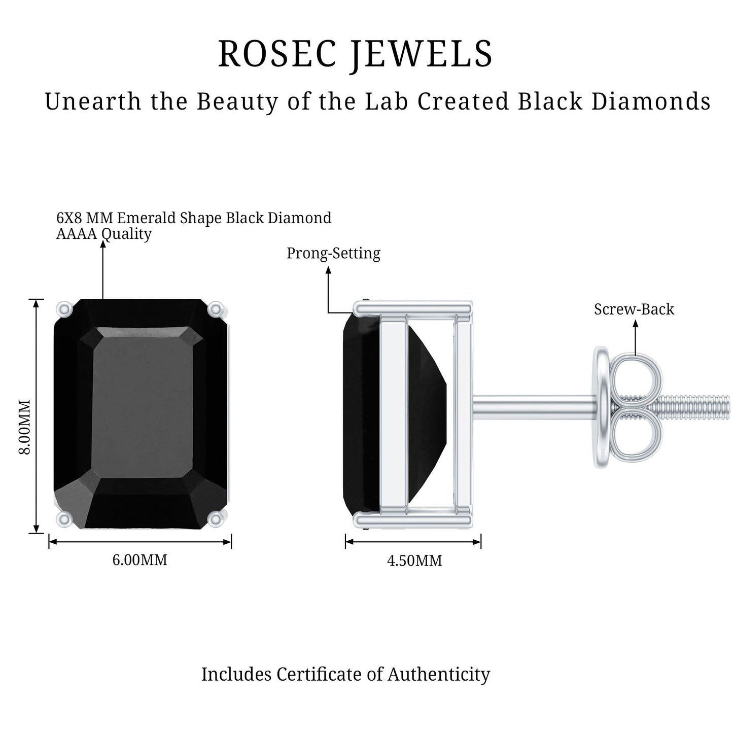 3.36 Carat Lab Created Black Diamond Emerald Cut Stud Earrings