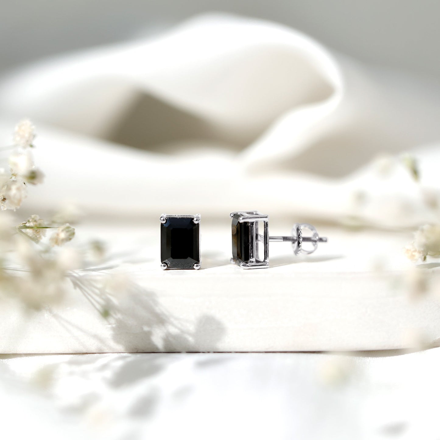 3.36 Carat Lab Created Black Diamond Emerald Cut Stud Earrings