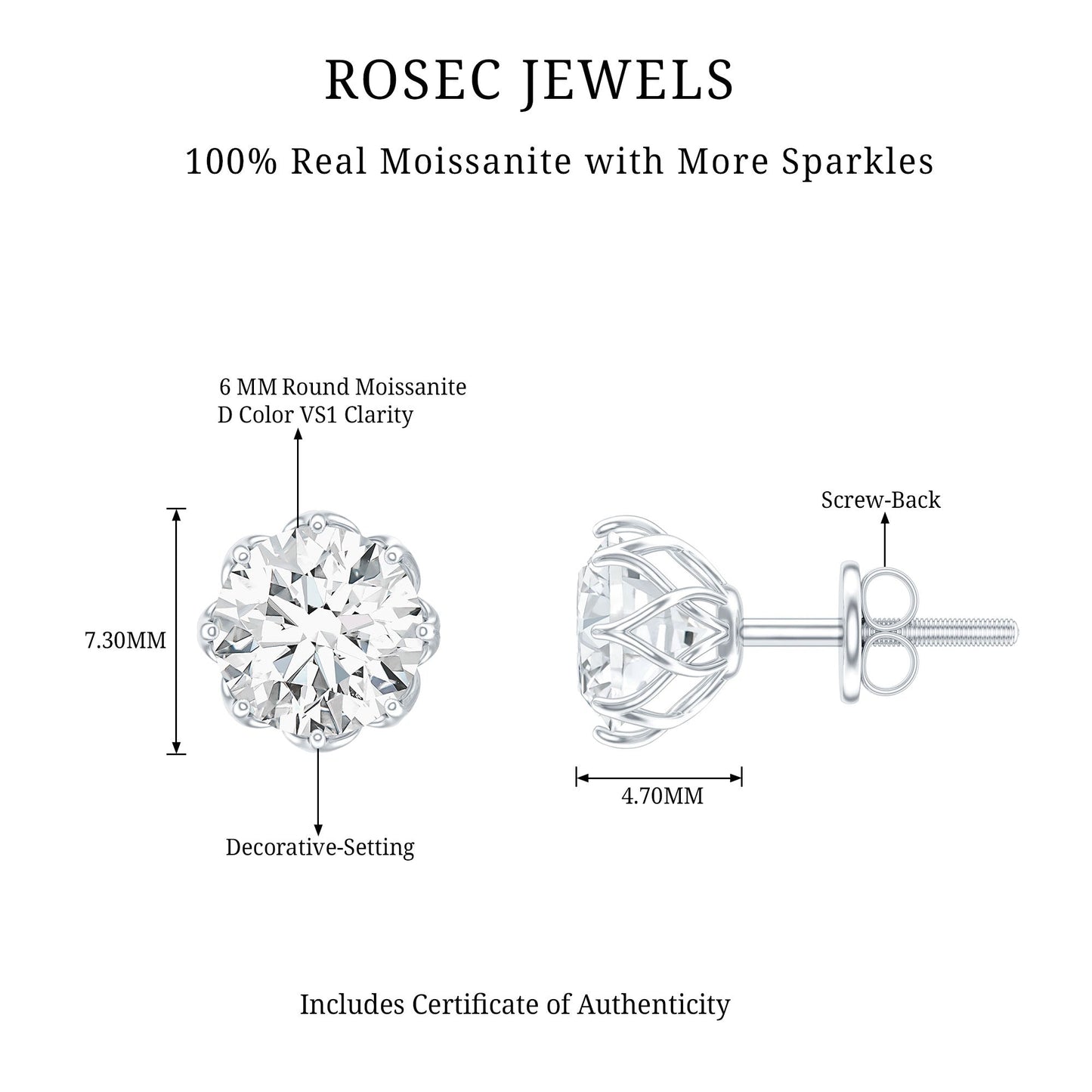 Certified Brilliant Cut 1.9 Carat Moissanite Solitaire Stud Earrings