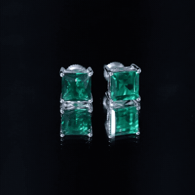 4 Carat Princess Cut Lab Grown Emerald Solitaire Stud Earrings
