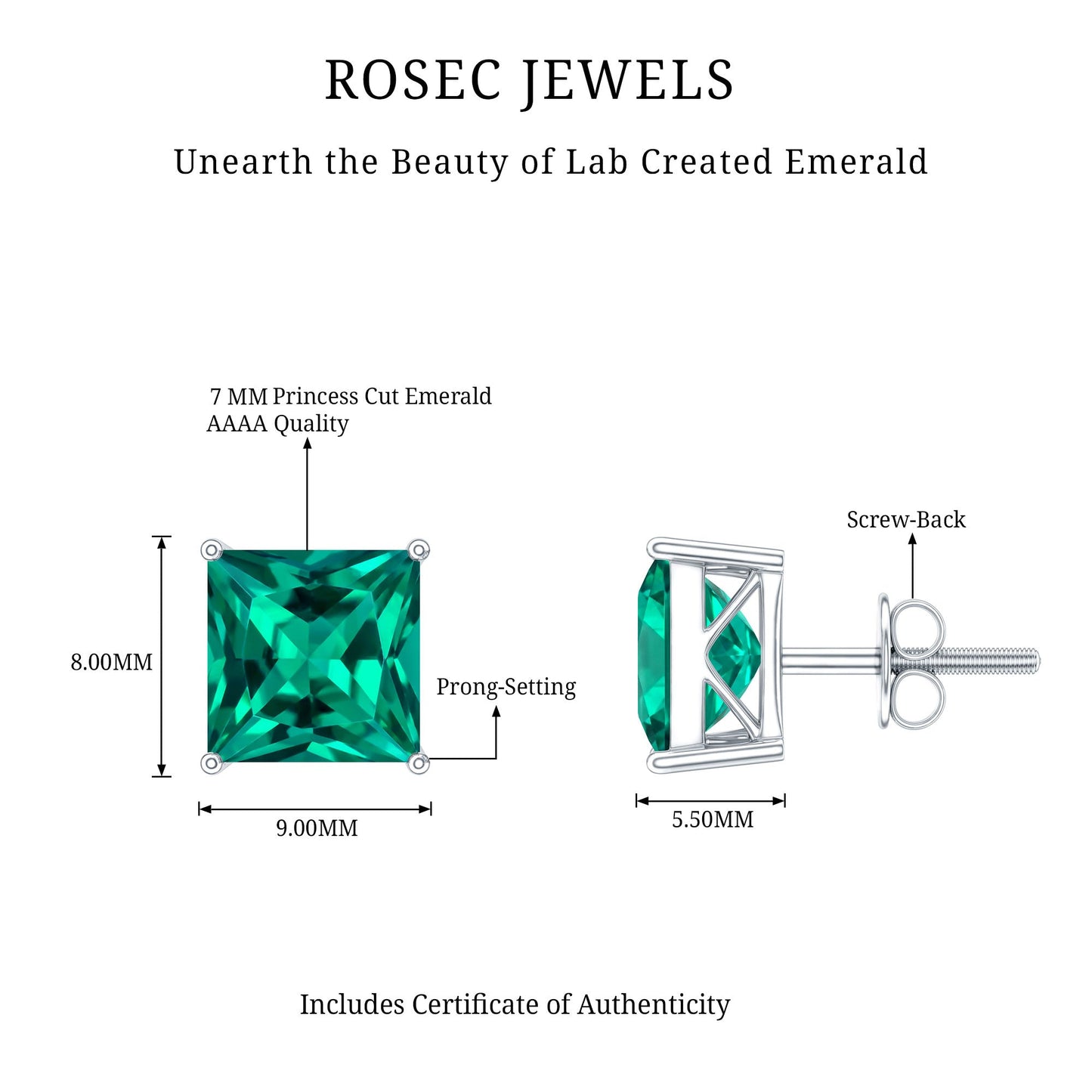 4 Carat Princess Cut Lab Grown Emerald Solitaire Stud Earrings