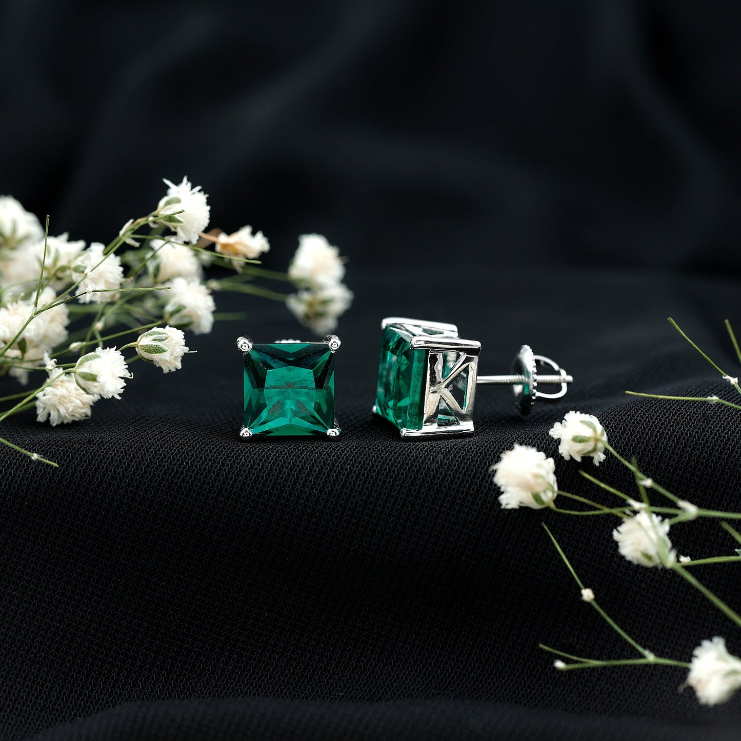 4 Carat Princess Cut Lab Grown Emerald Solitaire Stud Earrings