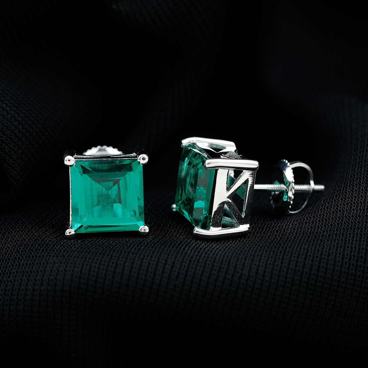 4 Carat Princess Cut Lab Grown Emerald Solitaire Stud Earrings