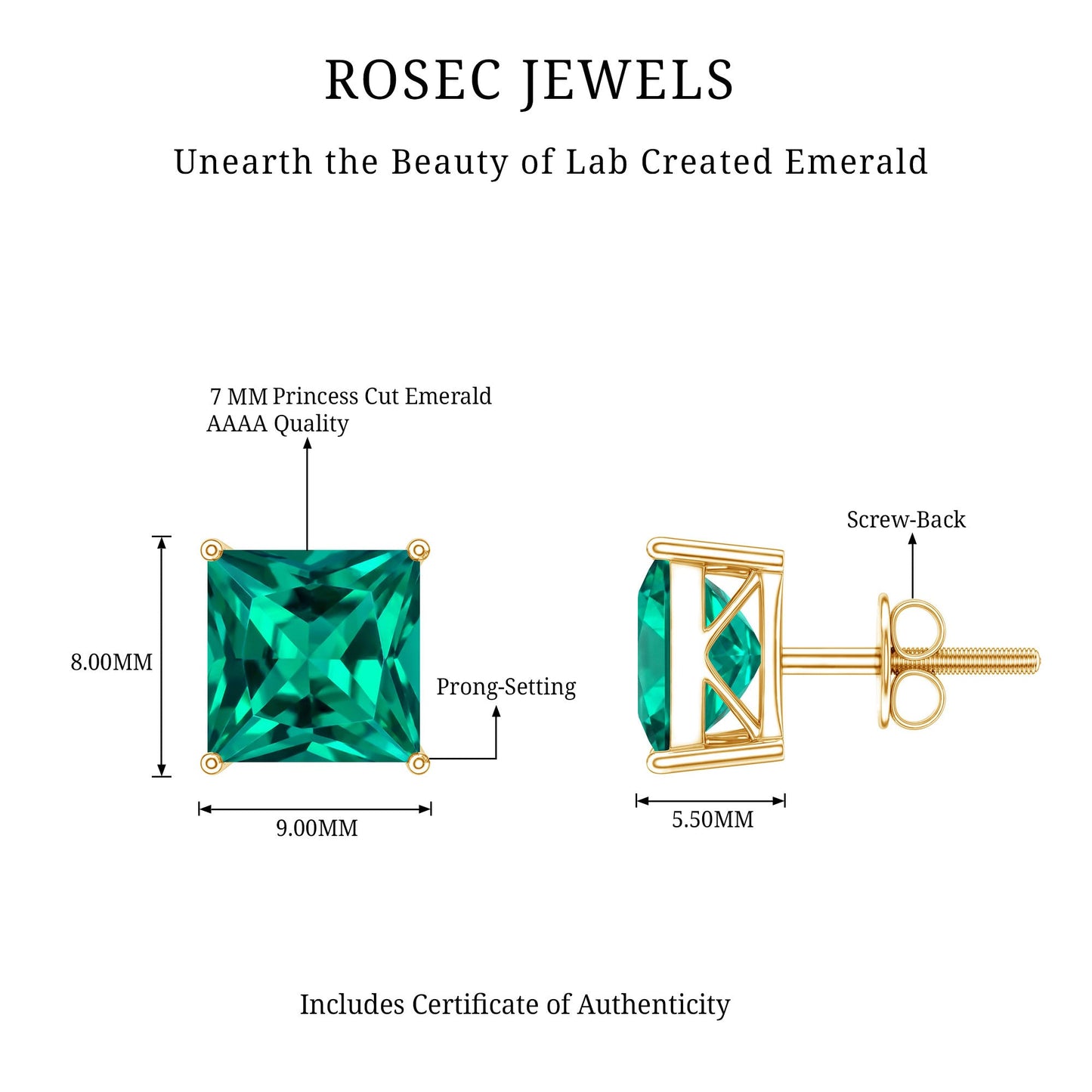 4 Carat Princess Cut Lab Grown Emerald Solitaire Stud Earrings
