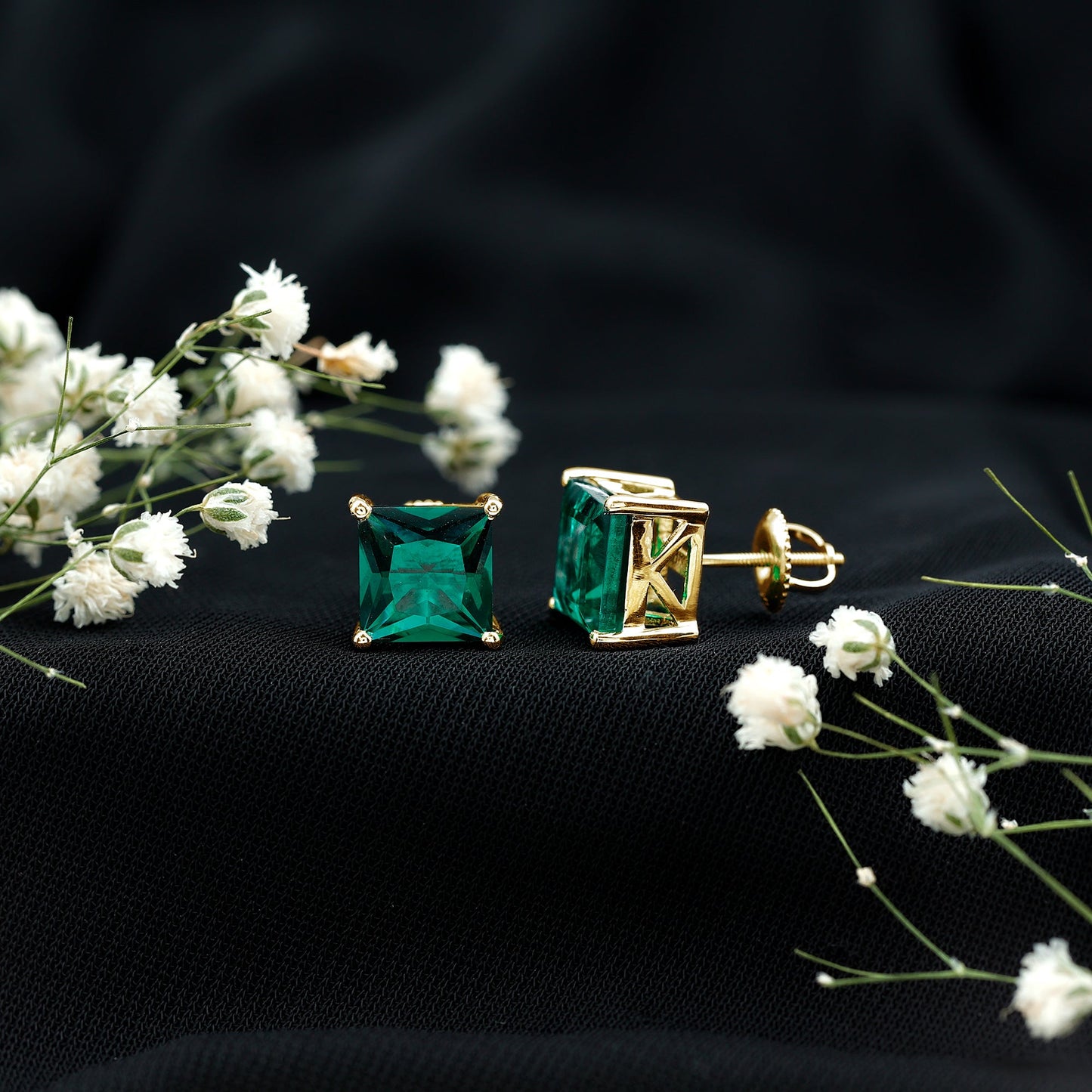 4 Carat Princess Cut Lab Grown Emerald Solitaire Stud Earrings
