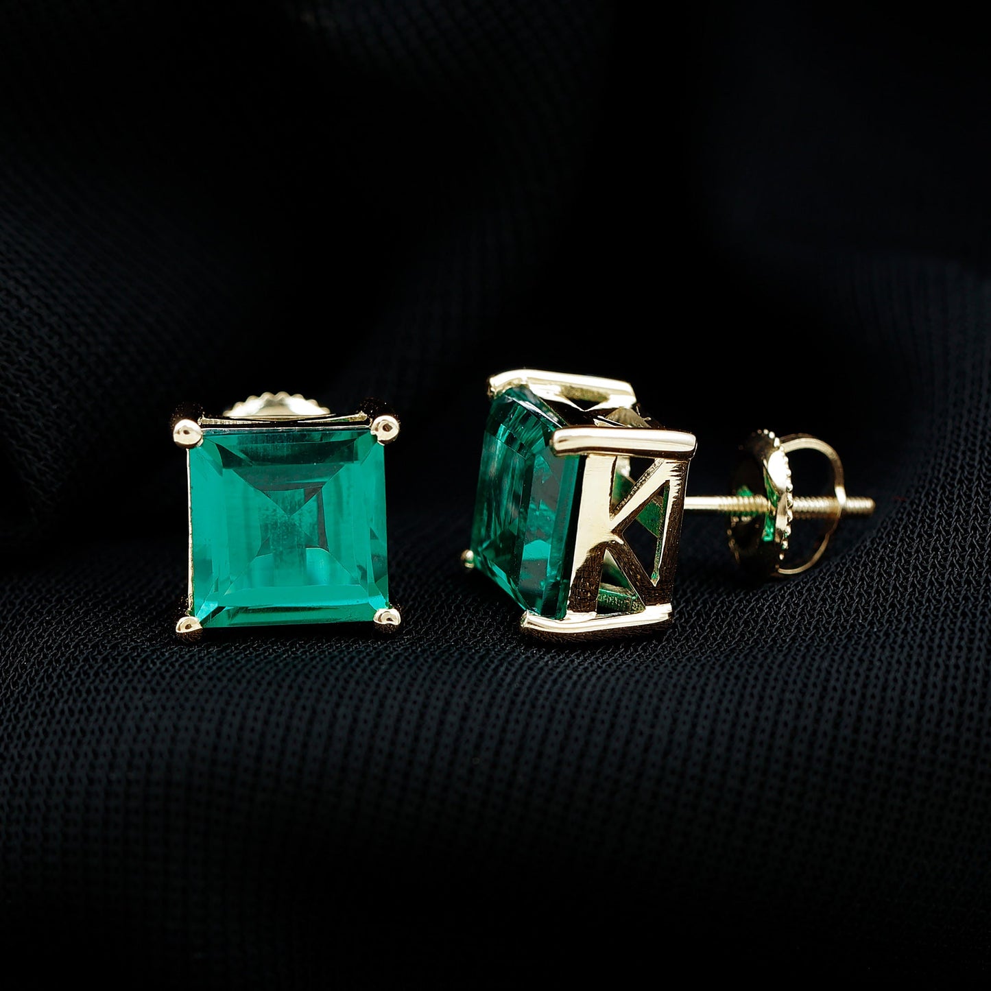 4 Carat Princess Cut Lab Grown Emerald Solitaire Stud Earrings