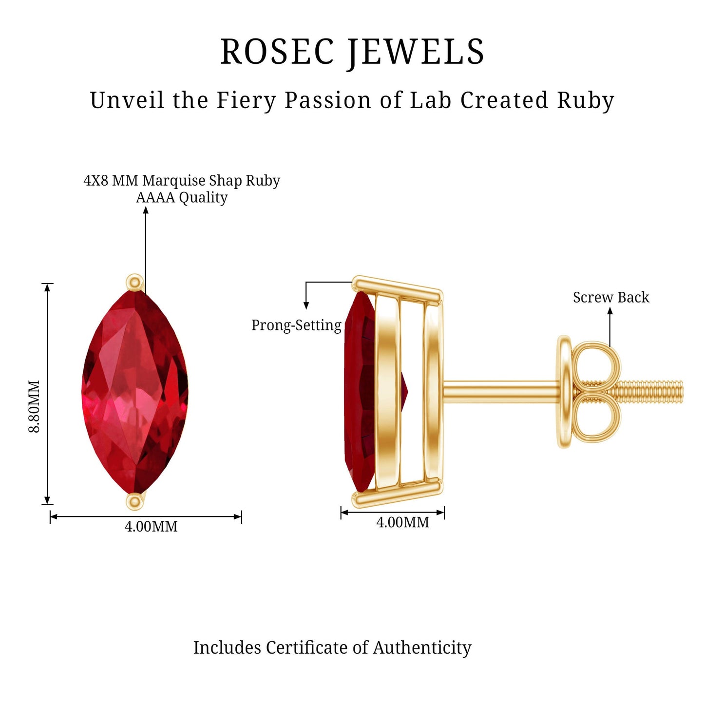 1.5 Carat Marquise Cut Lab Grown Ruby Stud Earrings