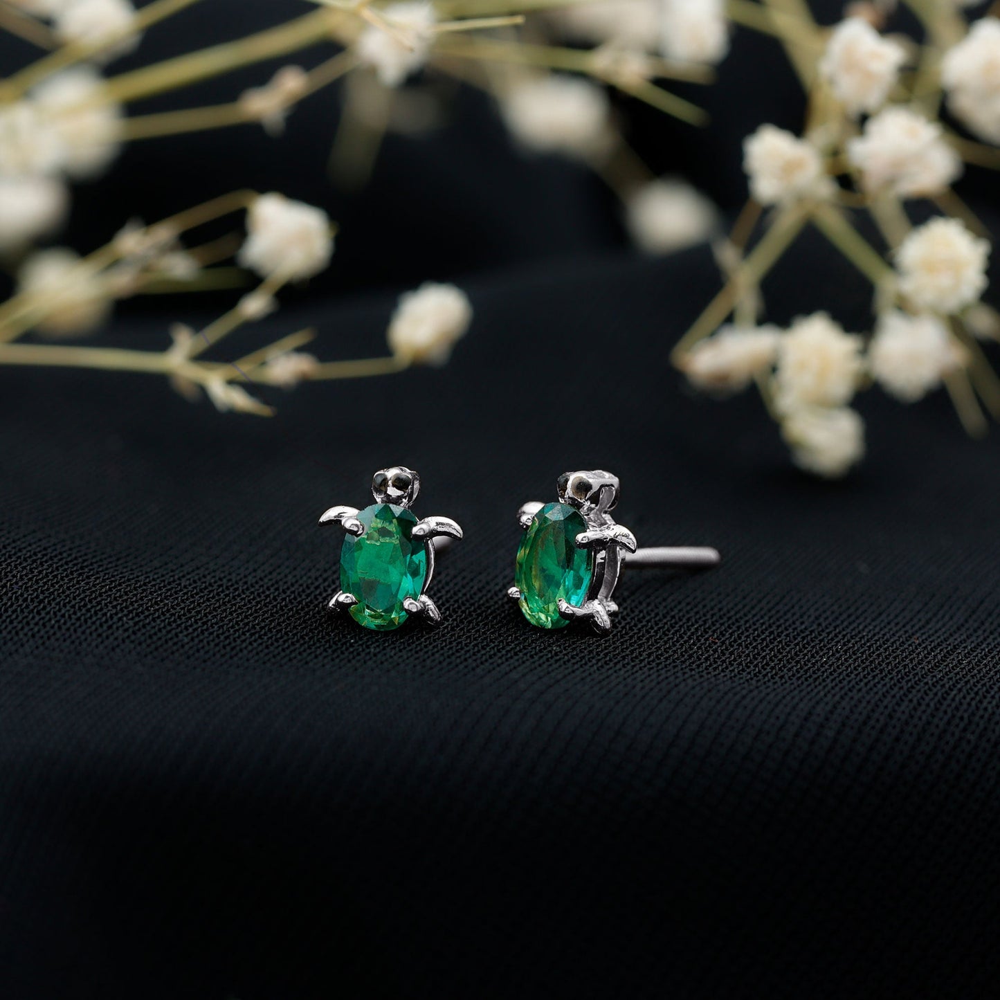 1 Carat Oval Shape Lab Created Emerald Cute Turtle Stud Earrings