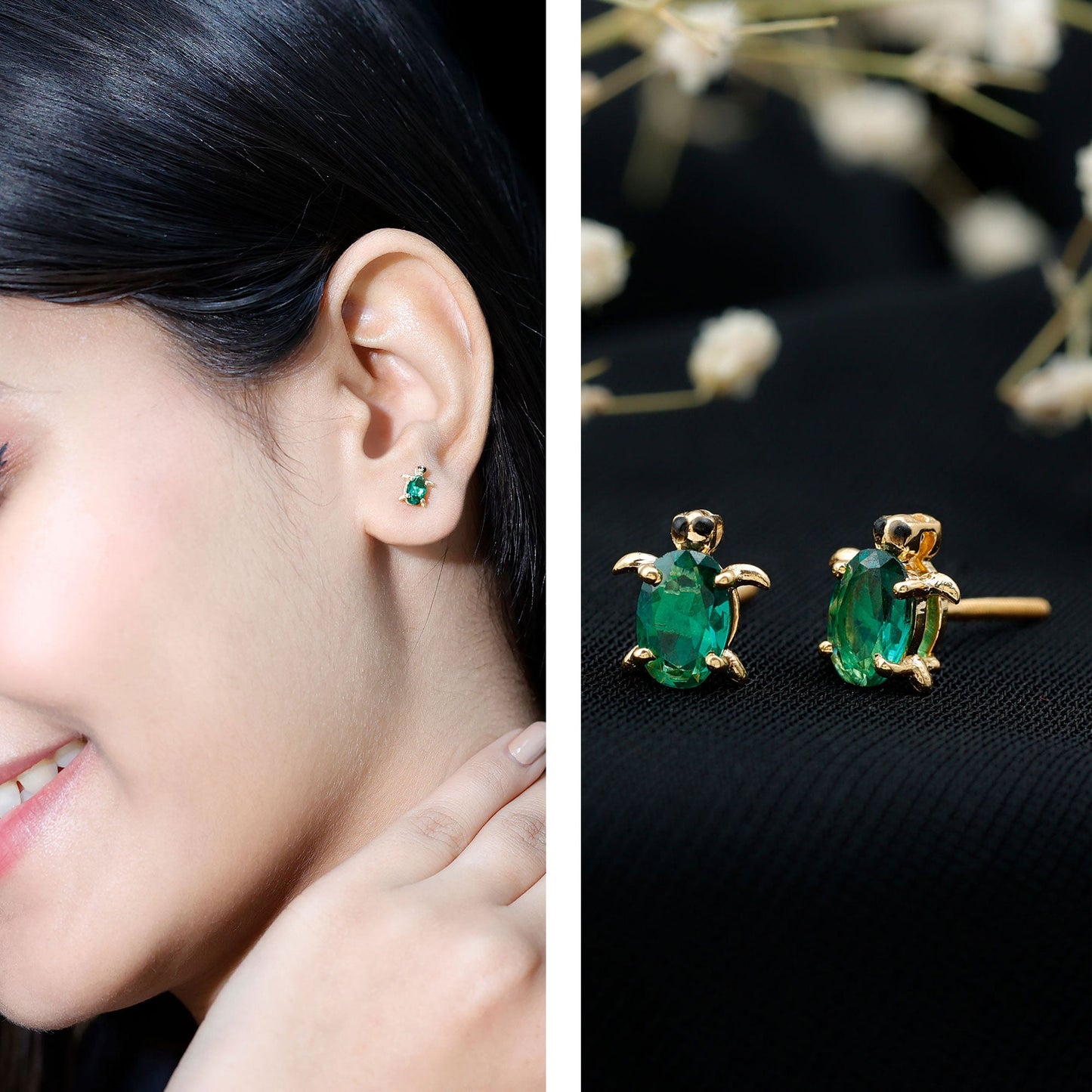 1 Carat Oval Shape Lab Created Emerald Cute Turtle Stud Earrings
