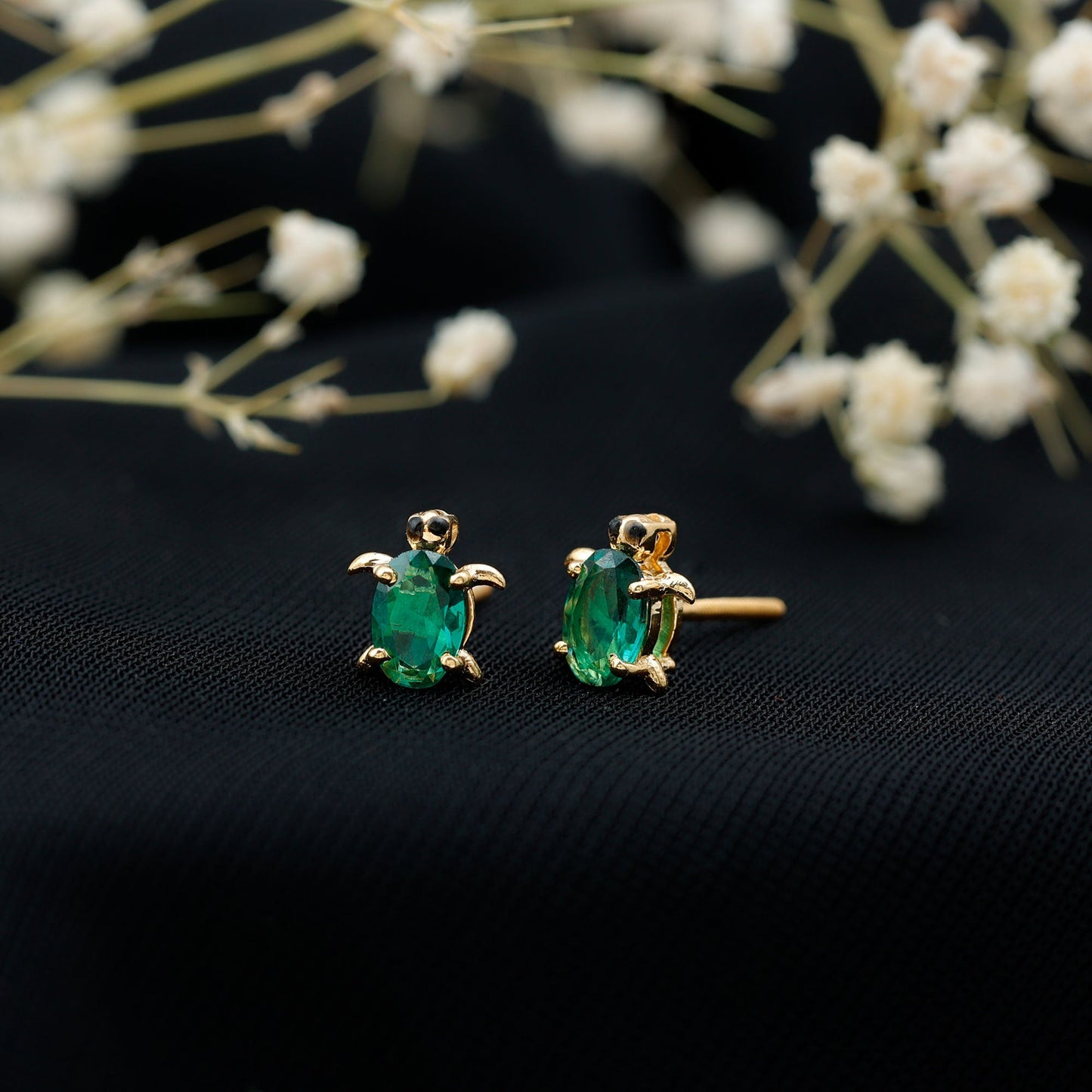 1 Carat Oval Shape Lab Created Emerald Cute Turtle Stud Earrings