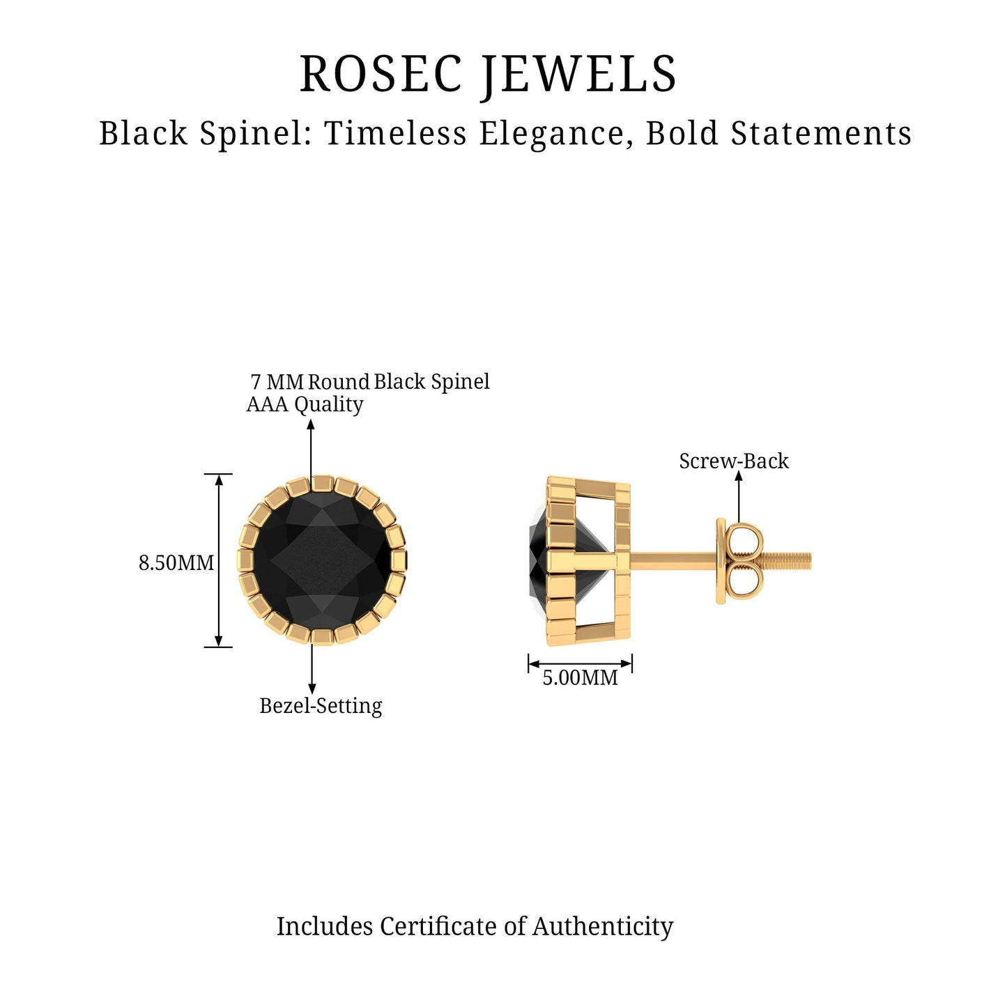 Real 3 Carat Round Shape Black Spinel Stud Earrings with Certificate