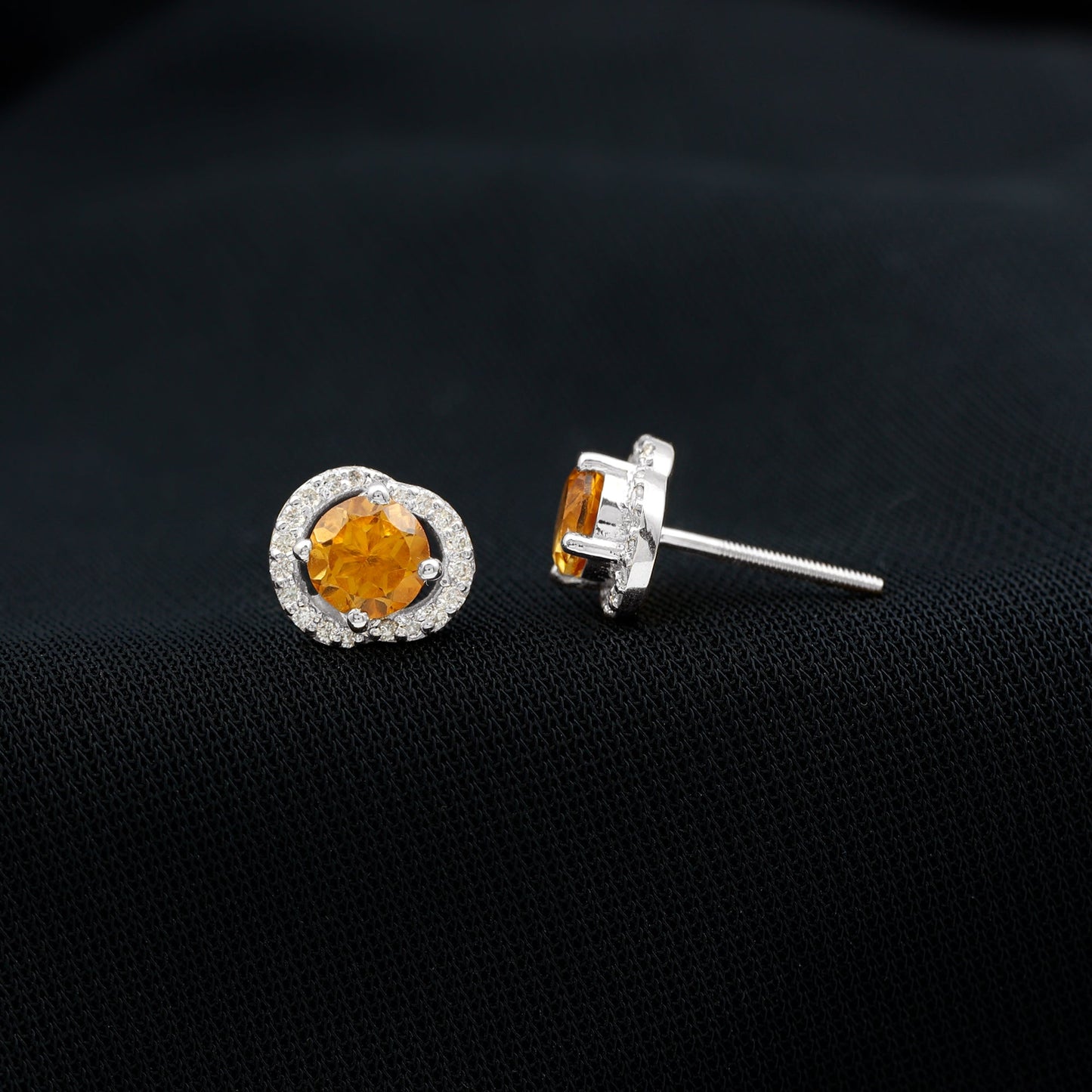 Round Citrine and Diamond Stud Earrings