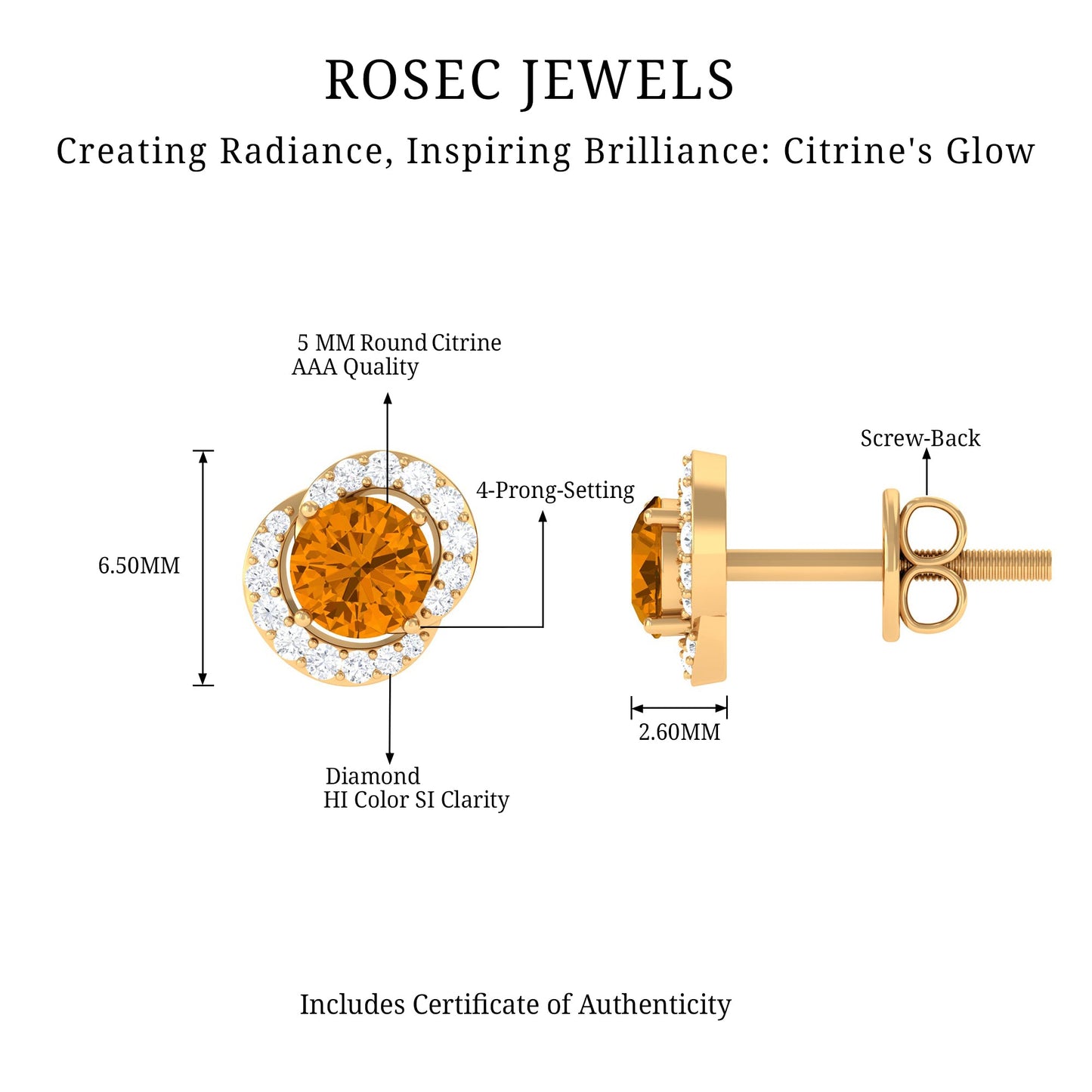 Round Citrine and Diamond Stud Earrings