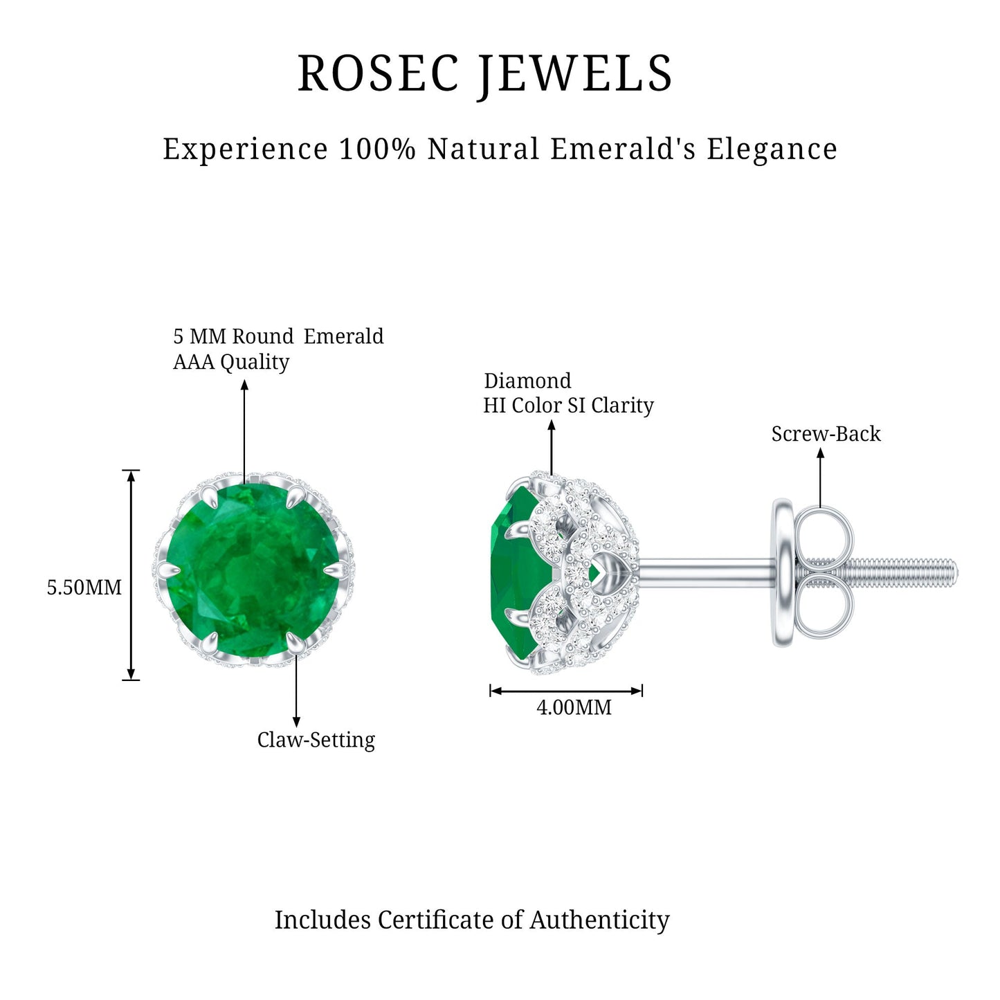 Designer Emerald Diamond Stud Earrings with Screw Back
