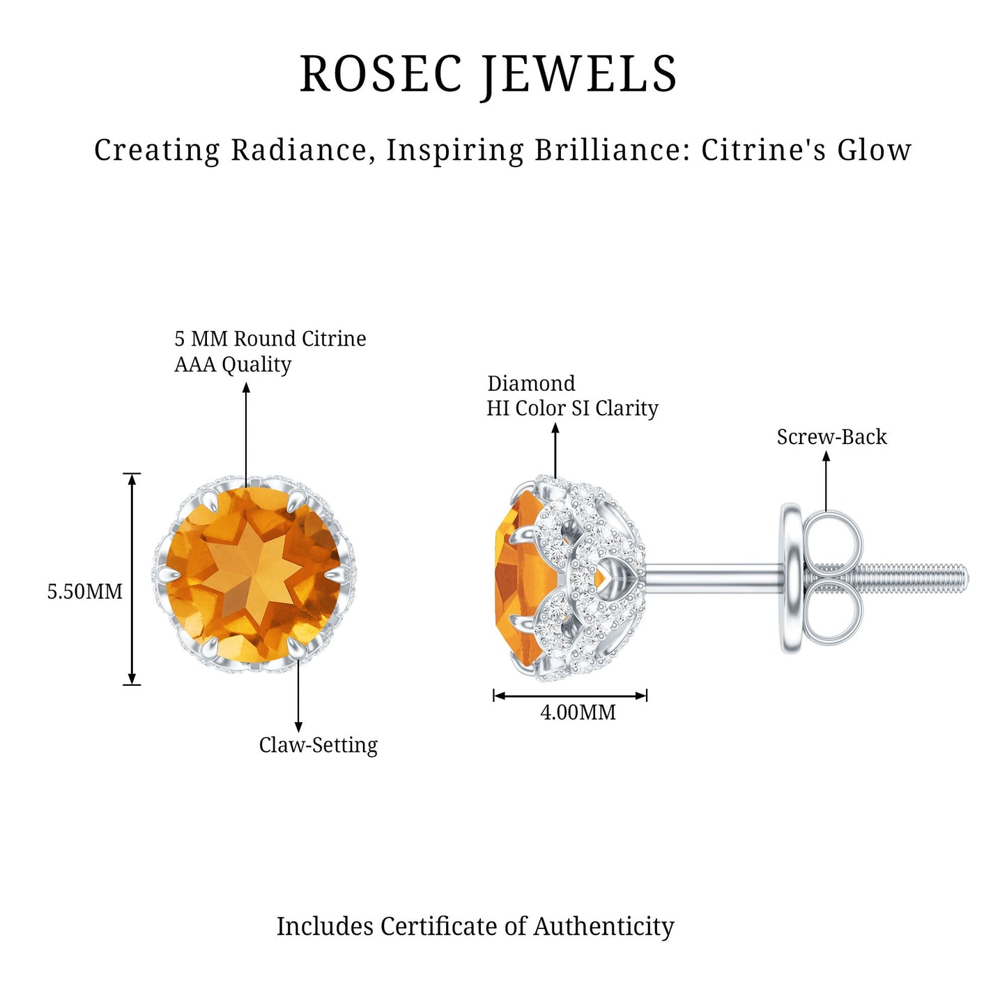 Designer Citrine Diamond Stud Earrings with Screw Back