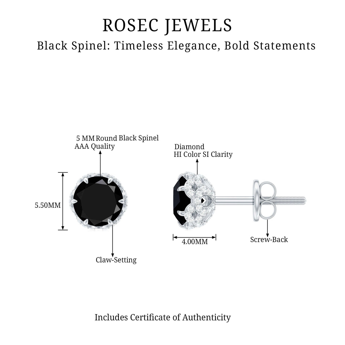 0.9 Carat Black Spinel Stud Earrings with Diamond Accent