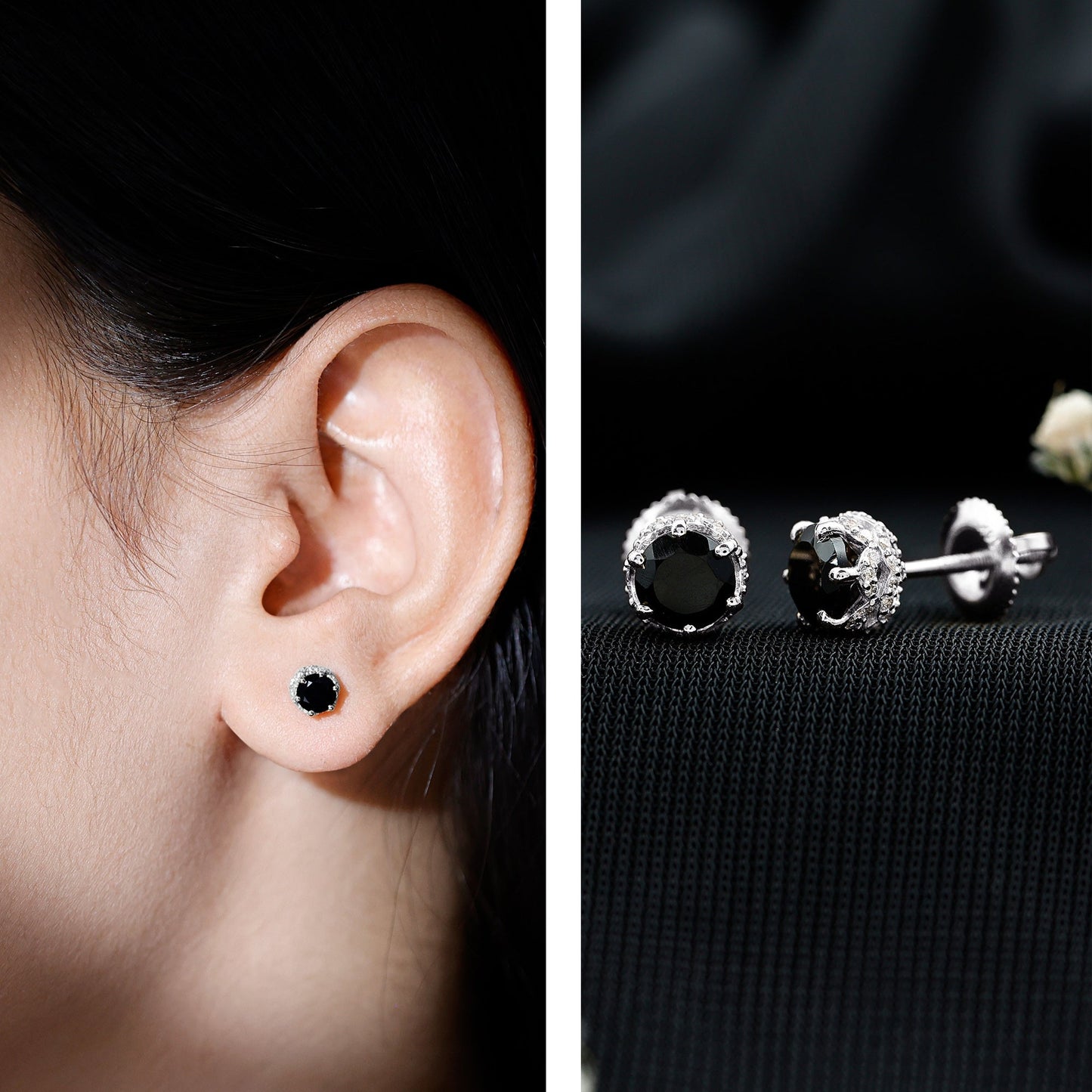 0.9 Carat Black Spinel Stud Earrings with Diamond Accent