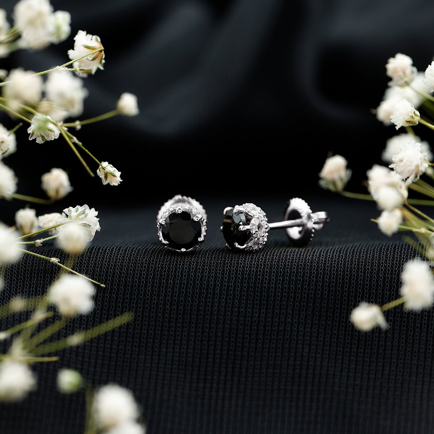 0.9 Carat Black Spinel Stud Earrings with Diamond Accent