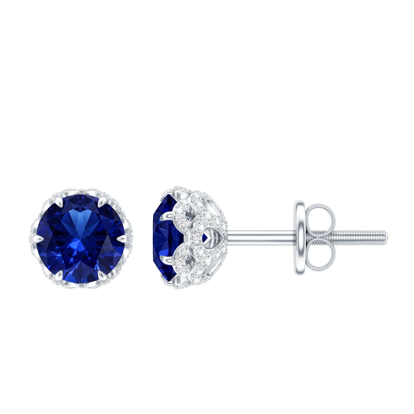 Solitaire Lab Created Blue Sapphire Stud Earrings with Diamonds