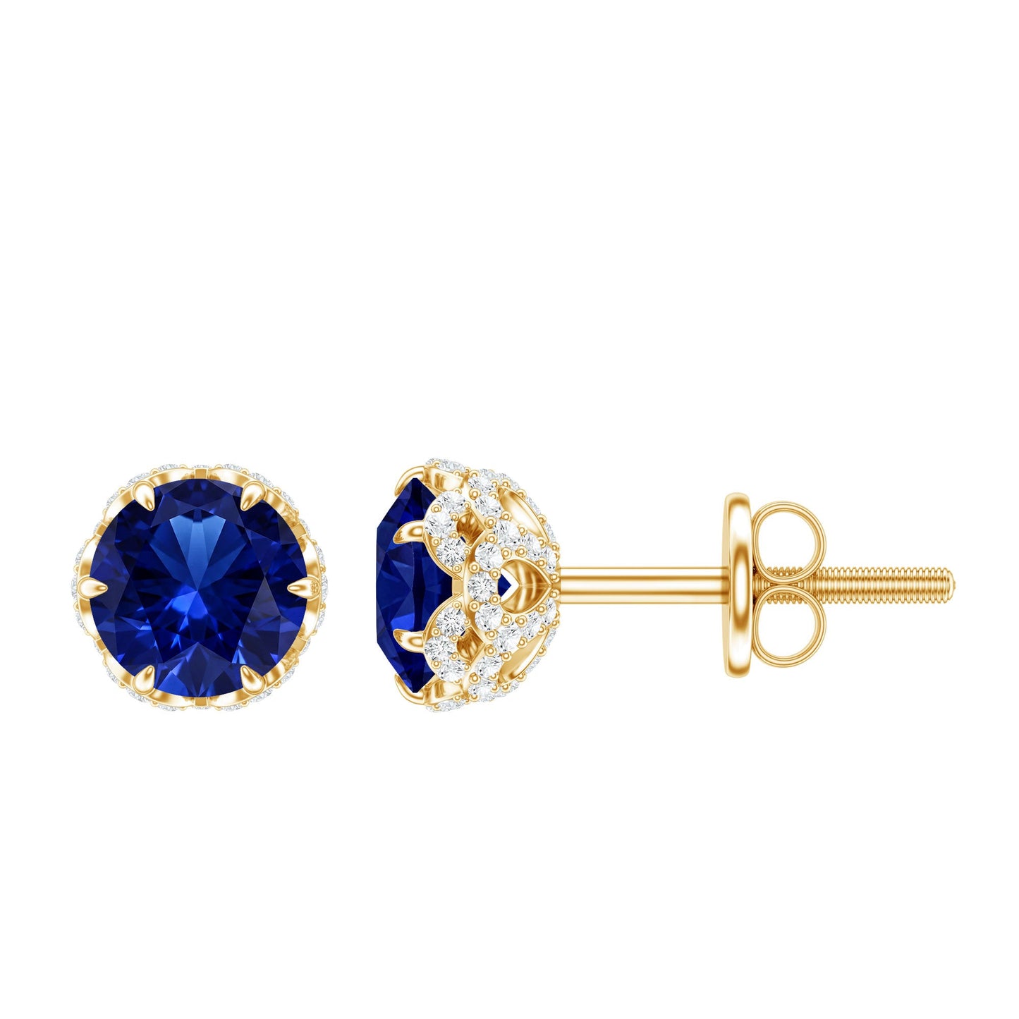 Solitaire Lab Created Blue Sapphire Stud Earrings with Diamonds