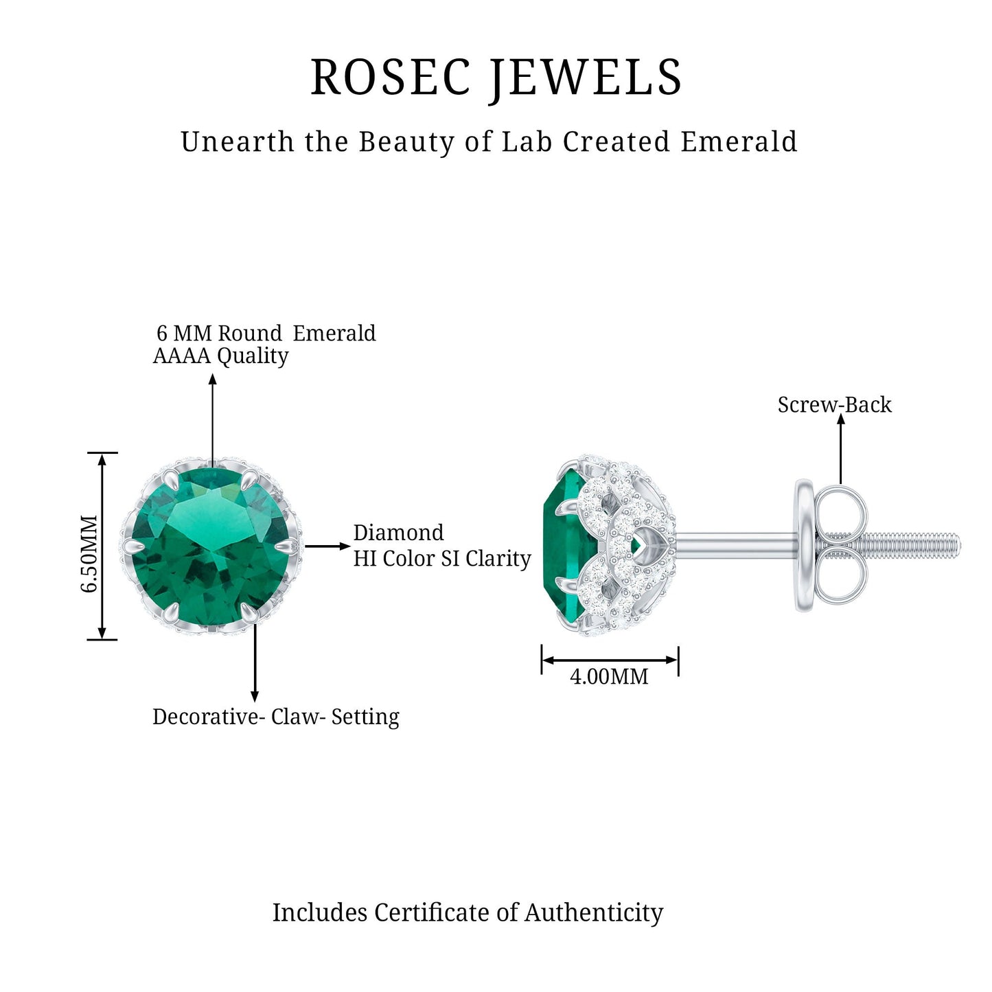 Round Lab Created Emerald Stud Earrings with Diamonds