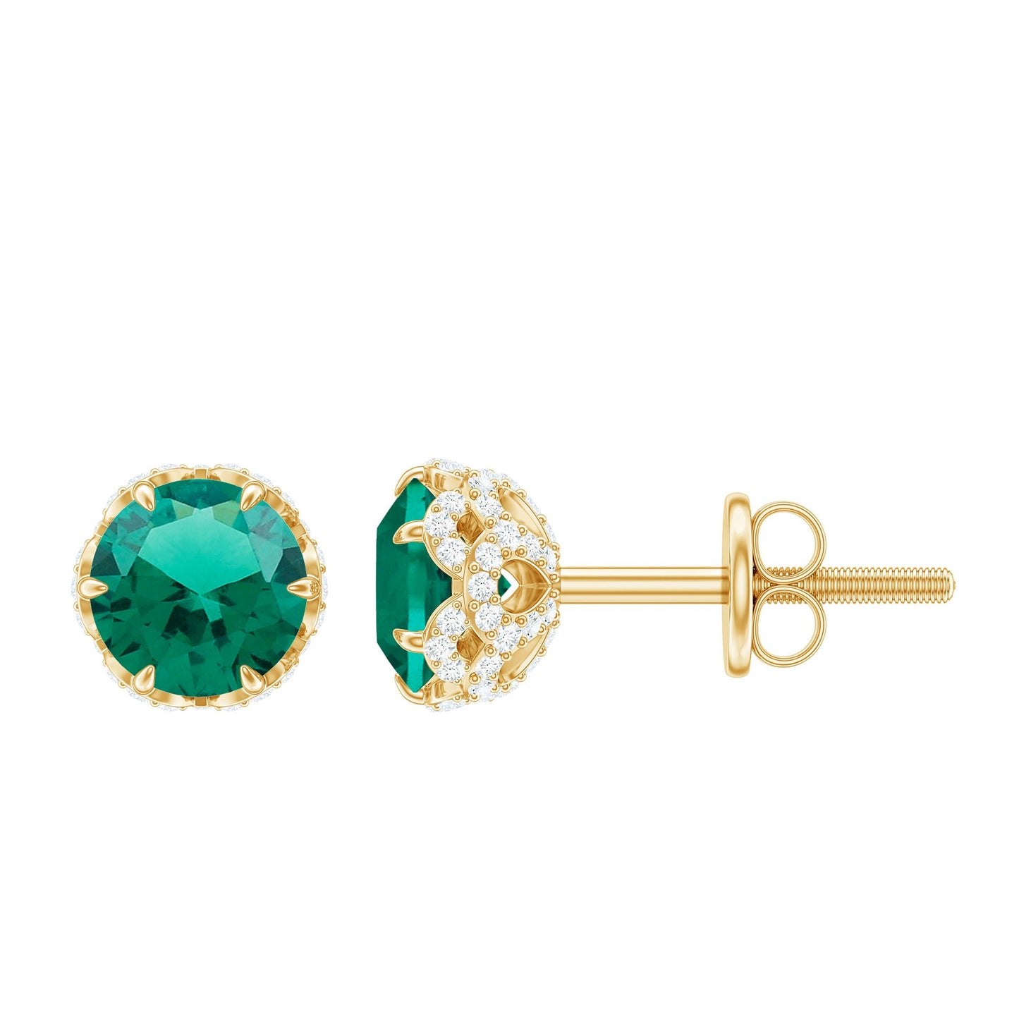 Round Lab Created Emerald Stud Earrings with Diamonds