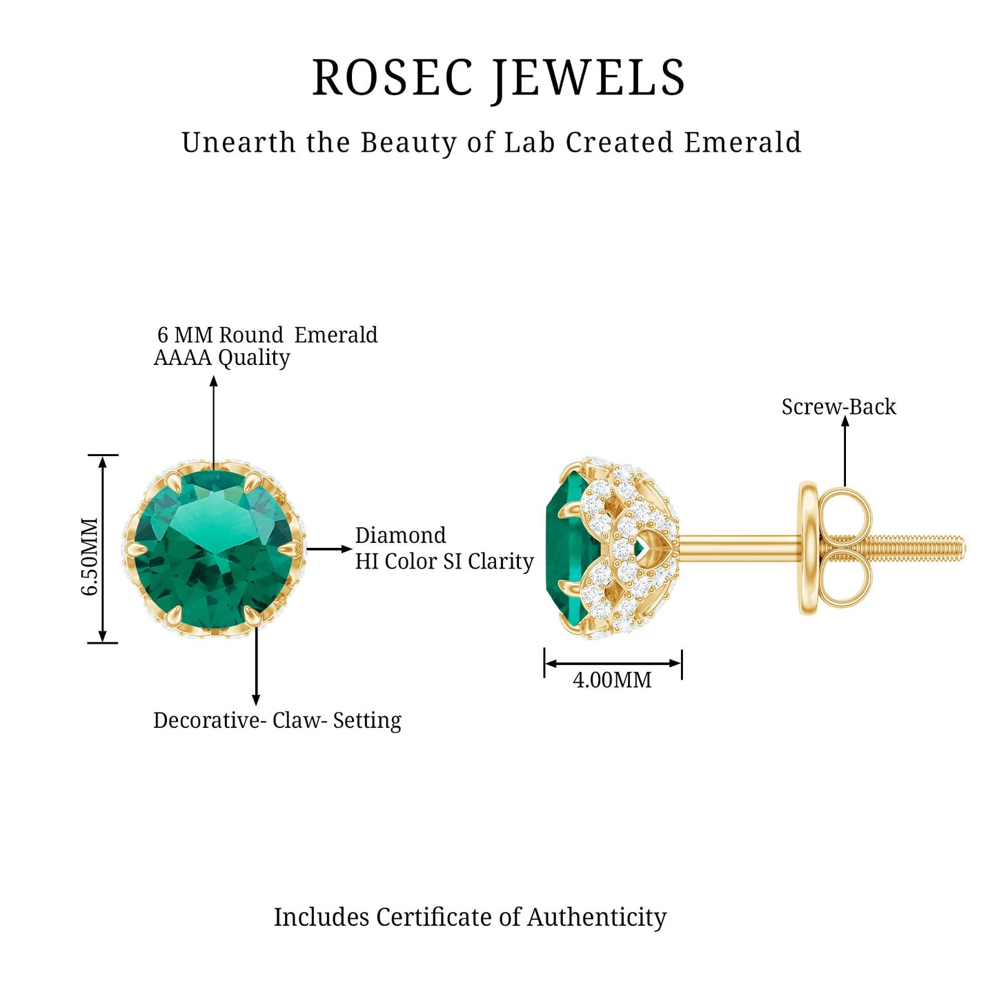 Round Lab Created Emerald Stud Earrings with Diamonds