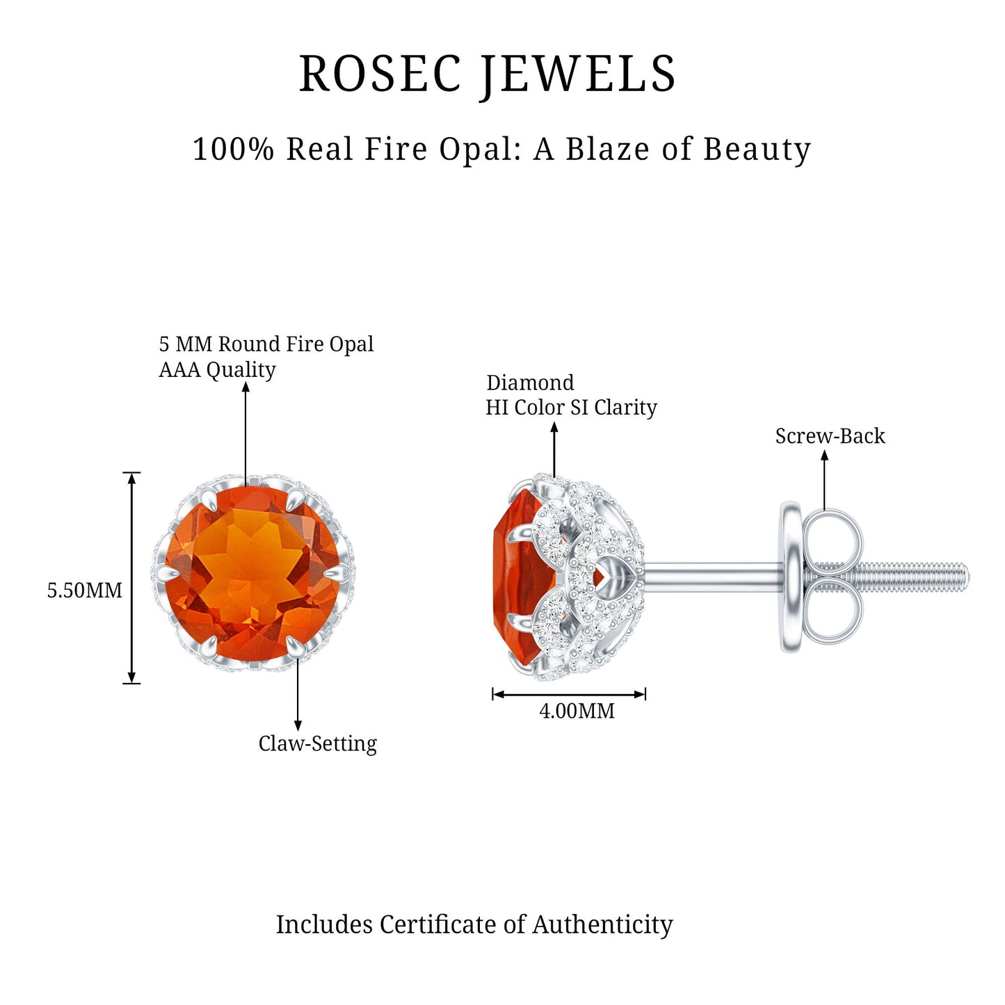 Designer Orange Fire Opal Stud Earrings with Diamond