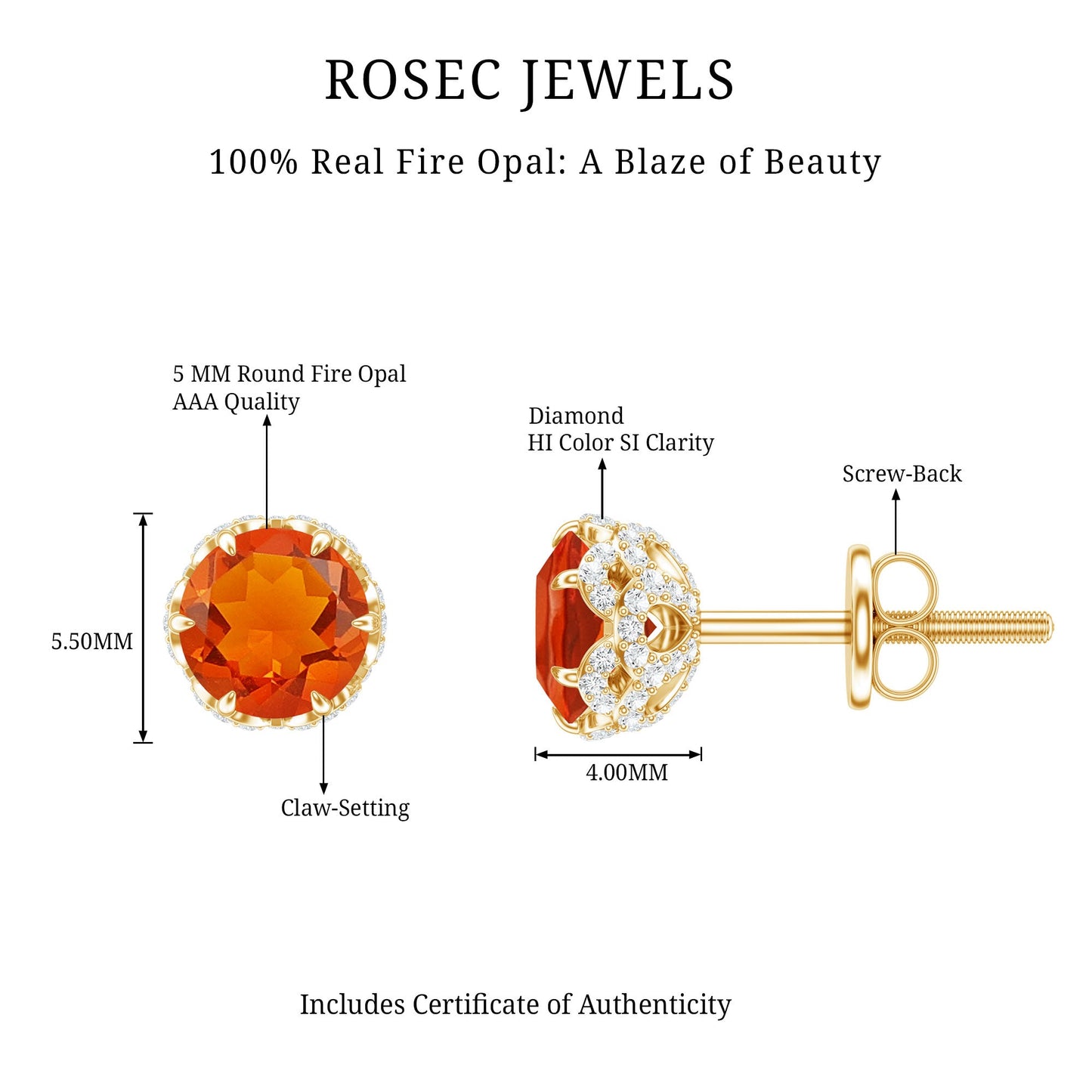 Designer Orange Fire Opal Stud Earrings with Diamond