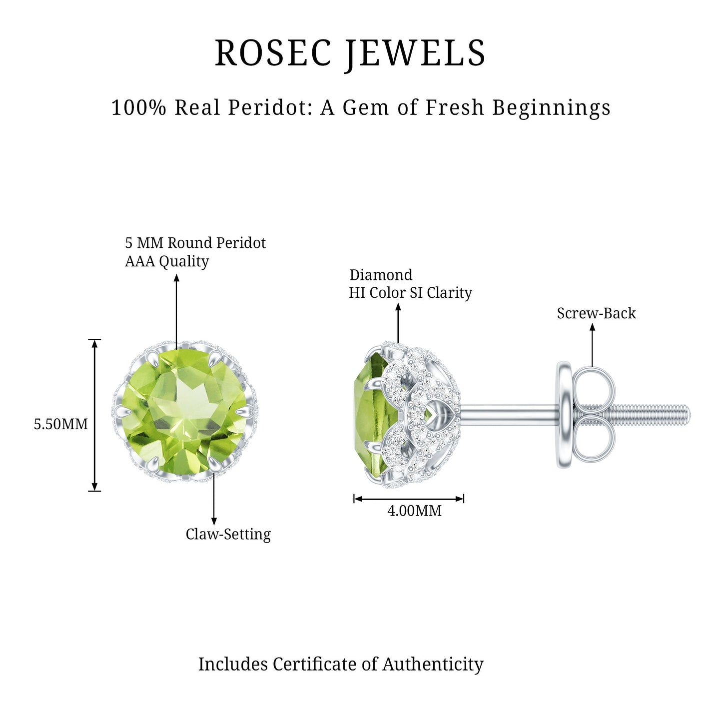 Designer 1 Carat Peridot Stud Earrings with Diamond