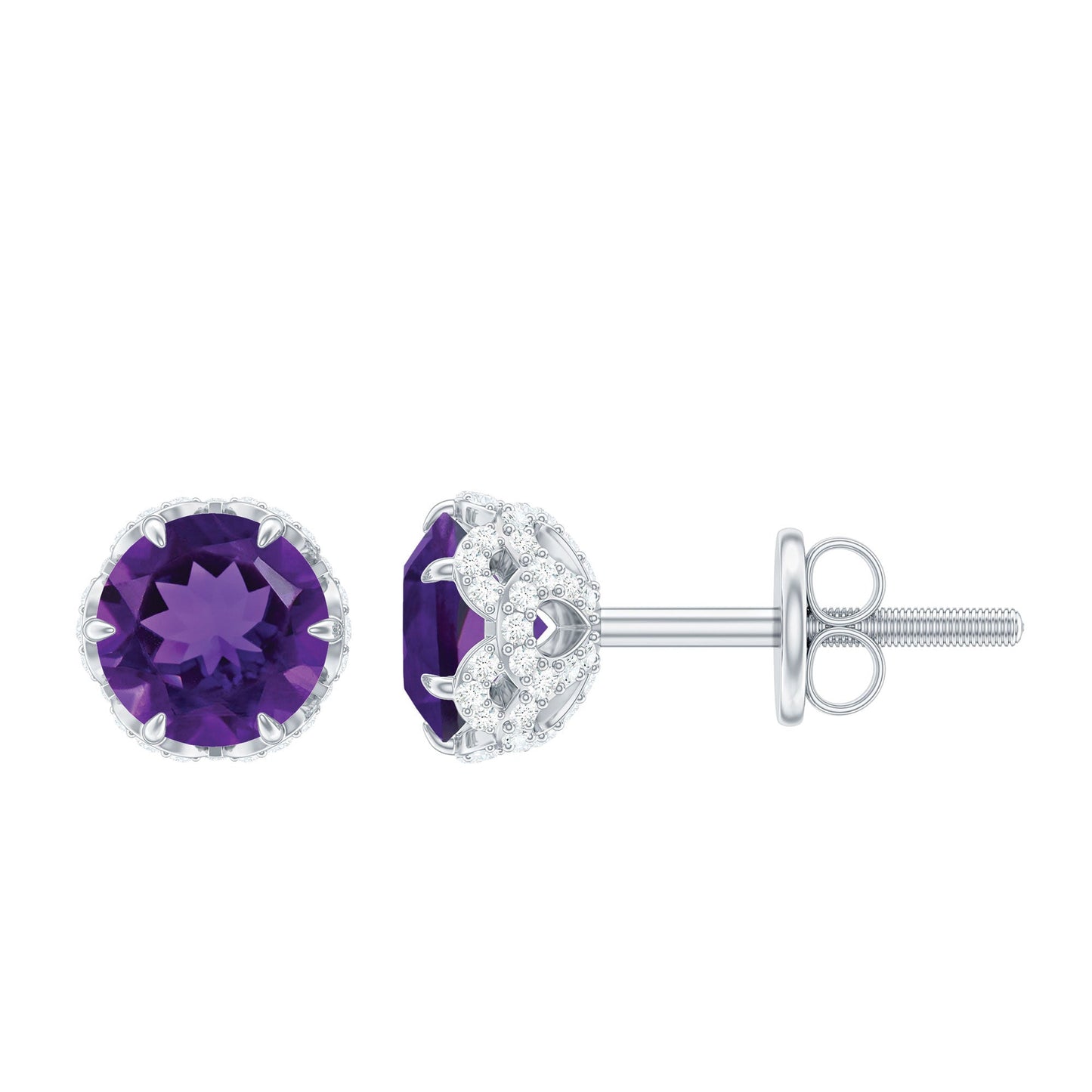 Natural Amethyst Stud Earrings with Diamond